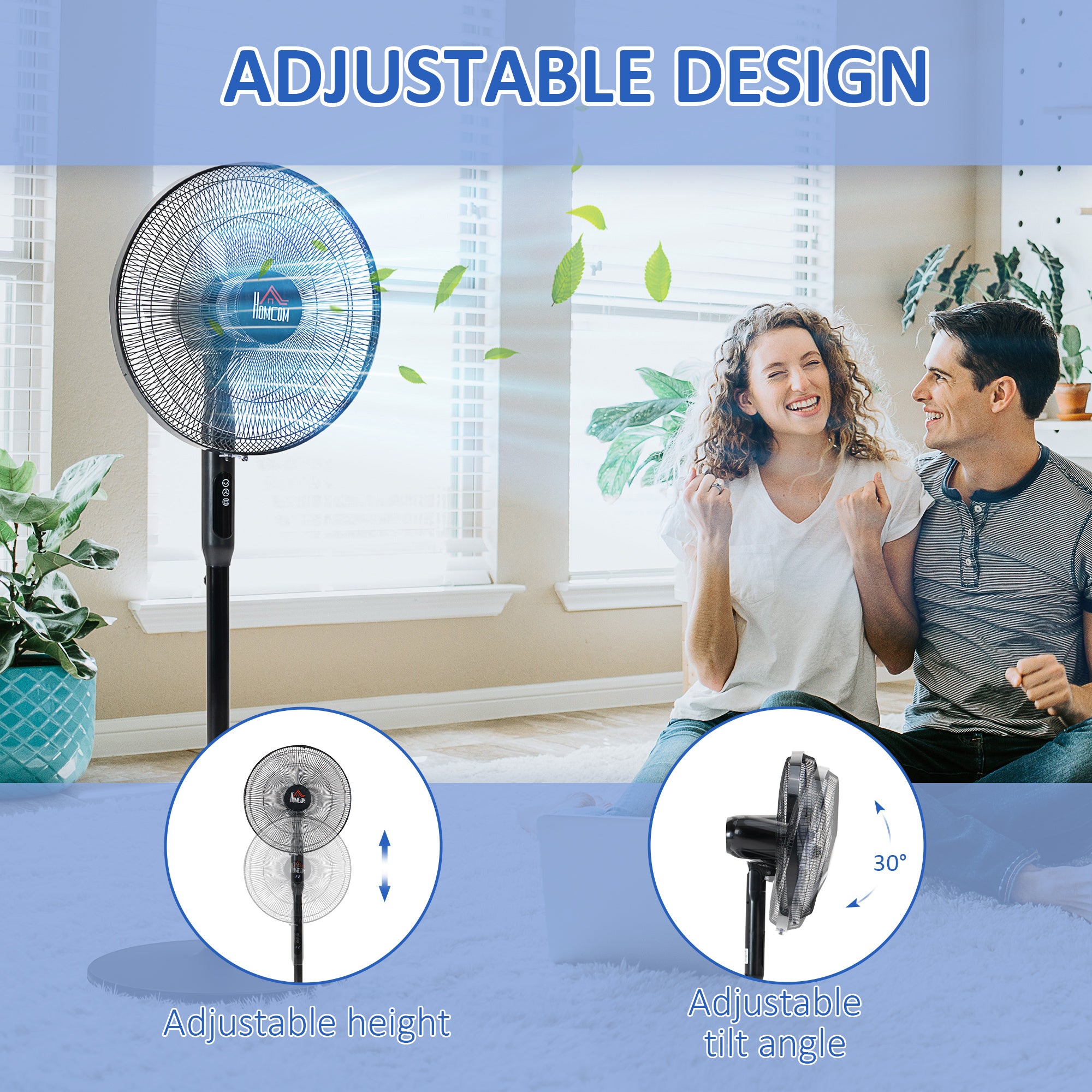 HOMCOM Floor Standing Fan with Remote Control, Oscillating, LED Screen, Stand Up Cooling Fan, Tall Pedestal Electric Fan for Home Bedroom, Black