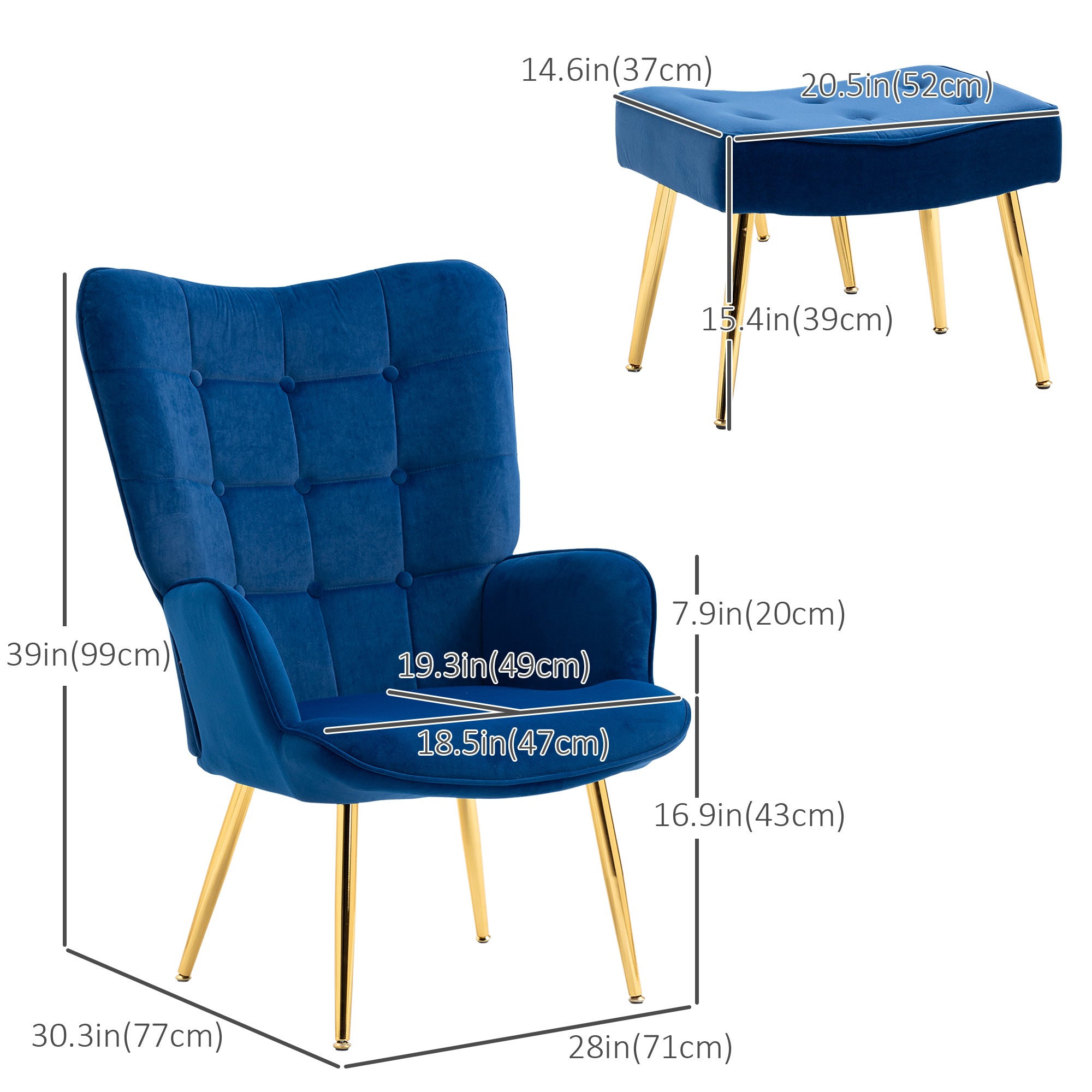 HOMCOM Modern Accent Chair with Footrest, Gold Metal Legs for Living Room & Bedroom - Dark Blue Upholstered Armchair