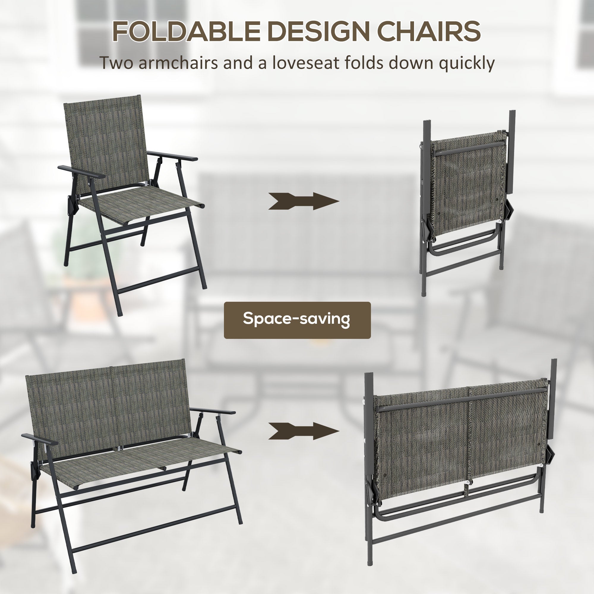 Outsunny Outdoor 4 Pieces Patio Furniture Set, Garden Set with Two Foldable Armchairs, a Loveseat & Glass Top Table, Mixed Brown