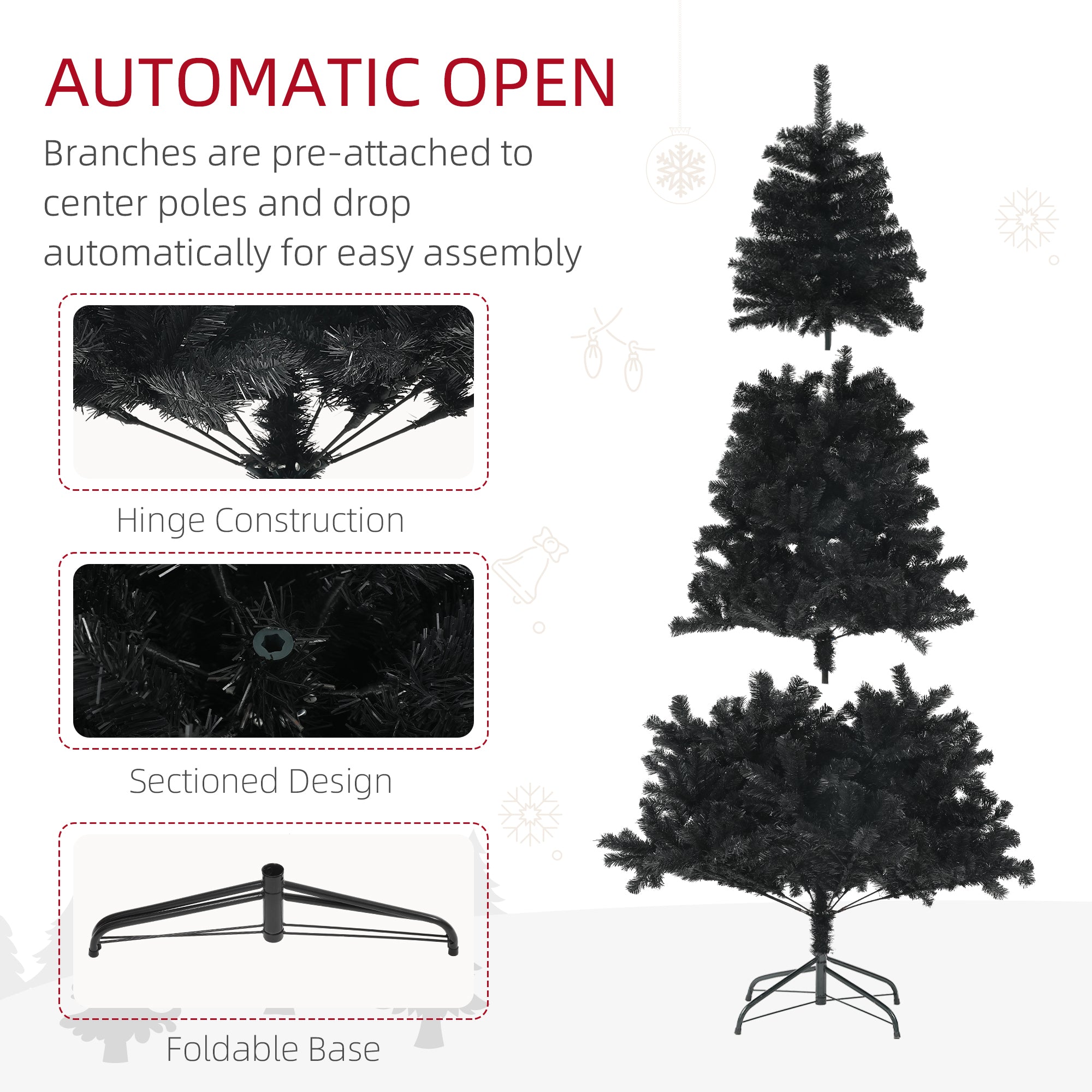 HOMCOM 6ft Artificial Christmas Trees with Auto Open and Steel Base, Black