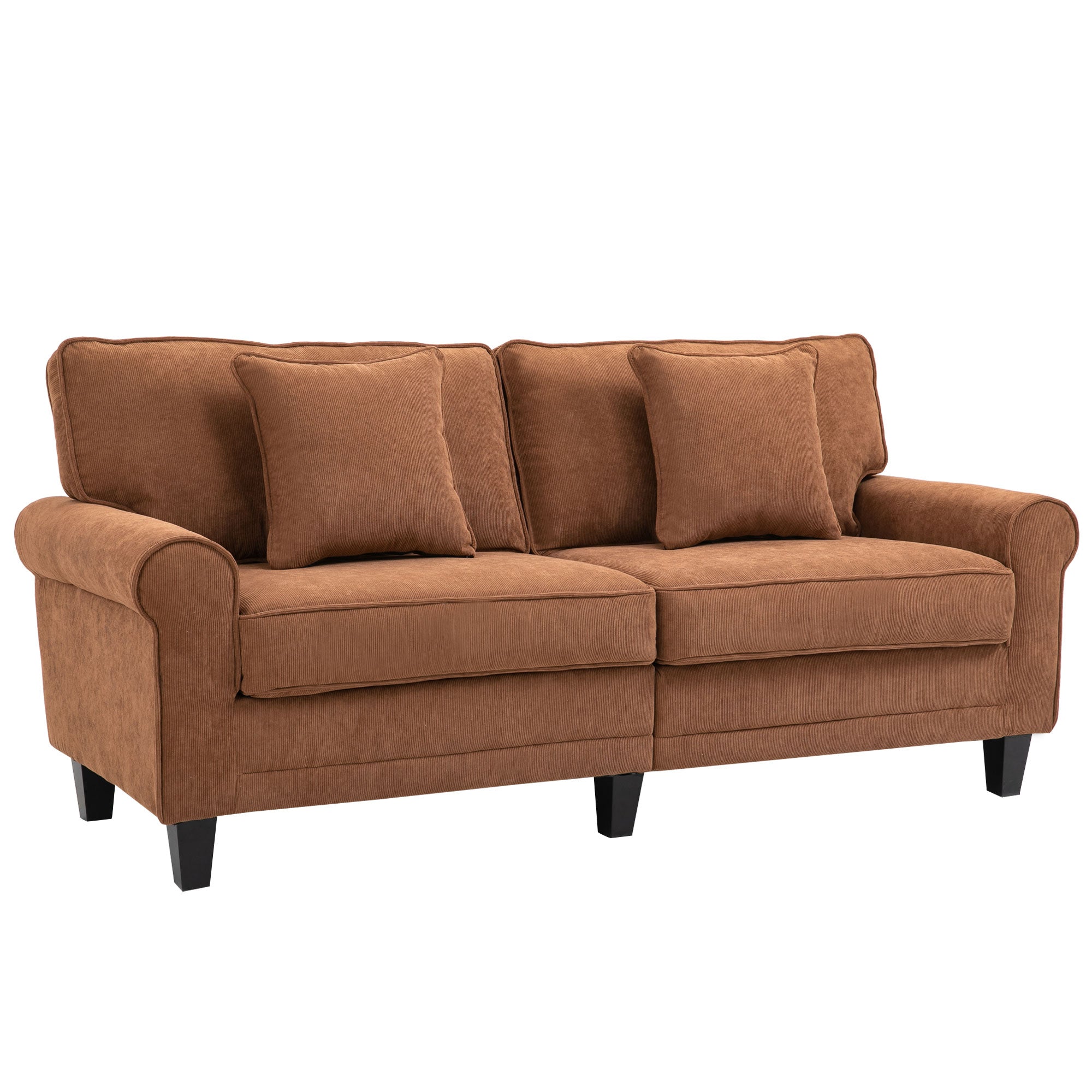 HOMCOM Modern 3 Seater Sofa, Corduroy Fabric 3 Seater Couch with Pine Wood Legs and Rolled Armrests for Living Room, Brown