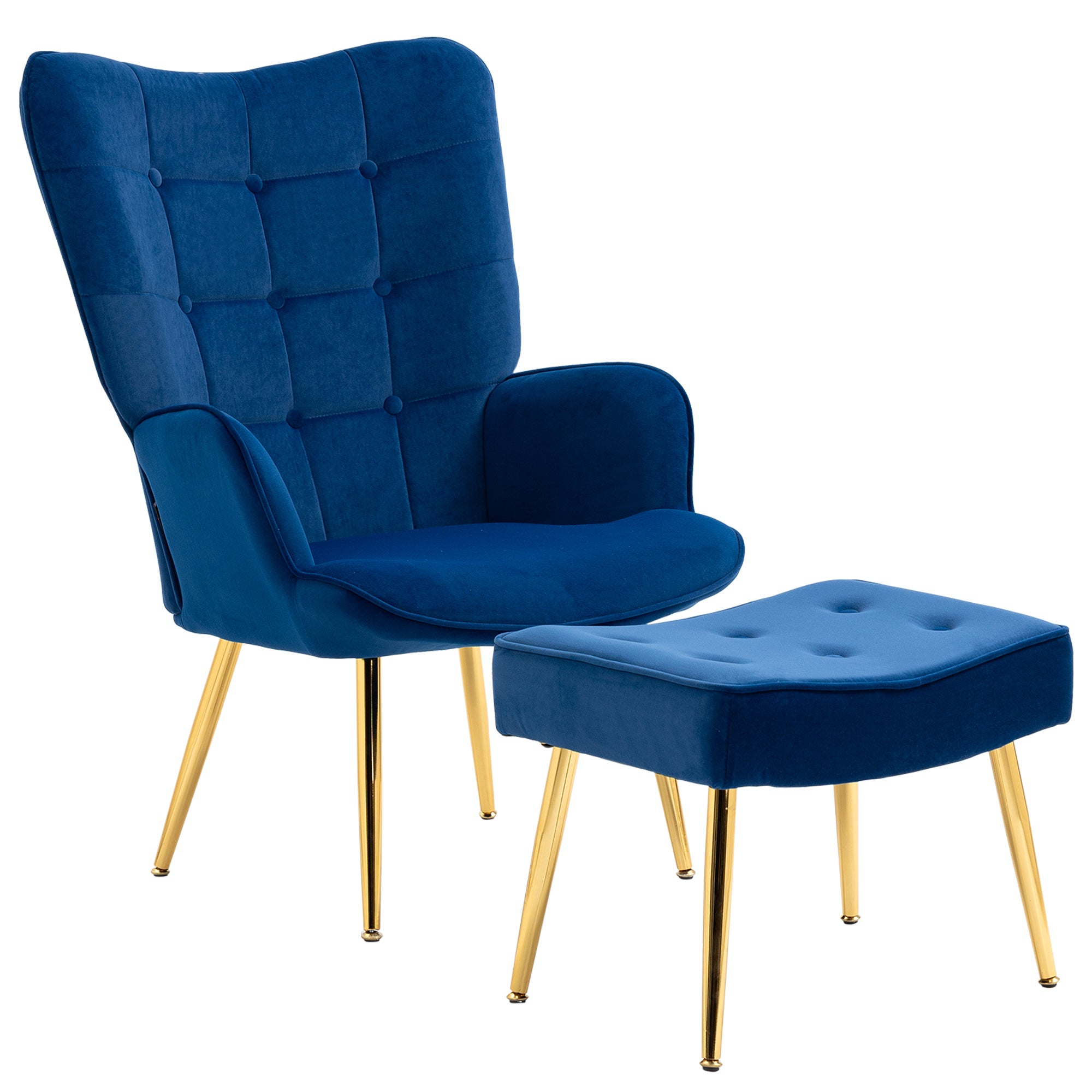 HOMCOM Modern Accent Chair with Footrest, Gold Metal Legs for Living Room & Bedroom - Dark Blue Upholstered Armchair