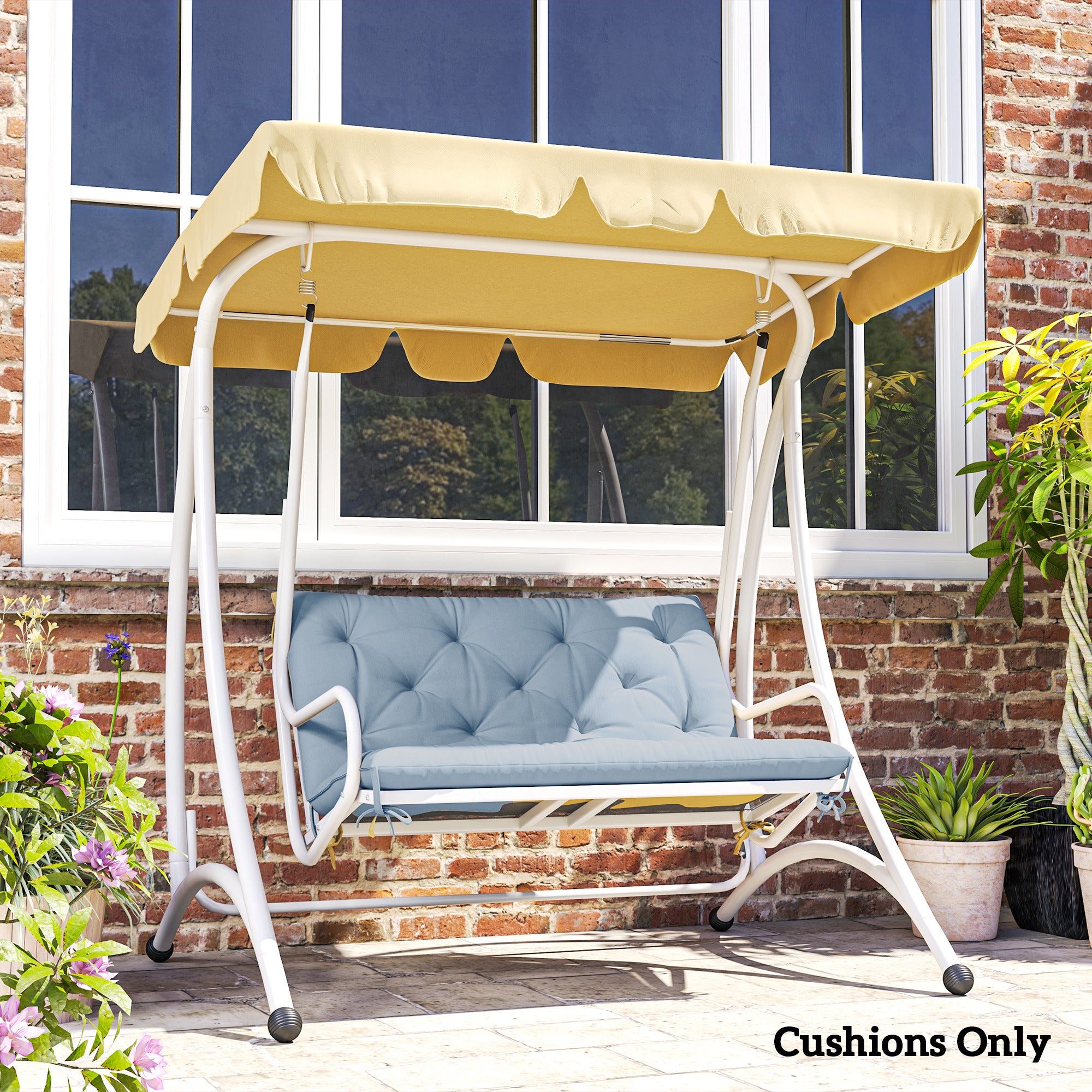 Outsunny Garden Bench Cushion with Backrest, Non-Slip 2 Seater Thick Pad with Ties, Blue