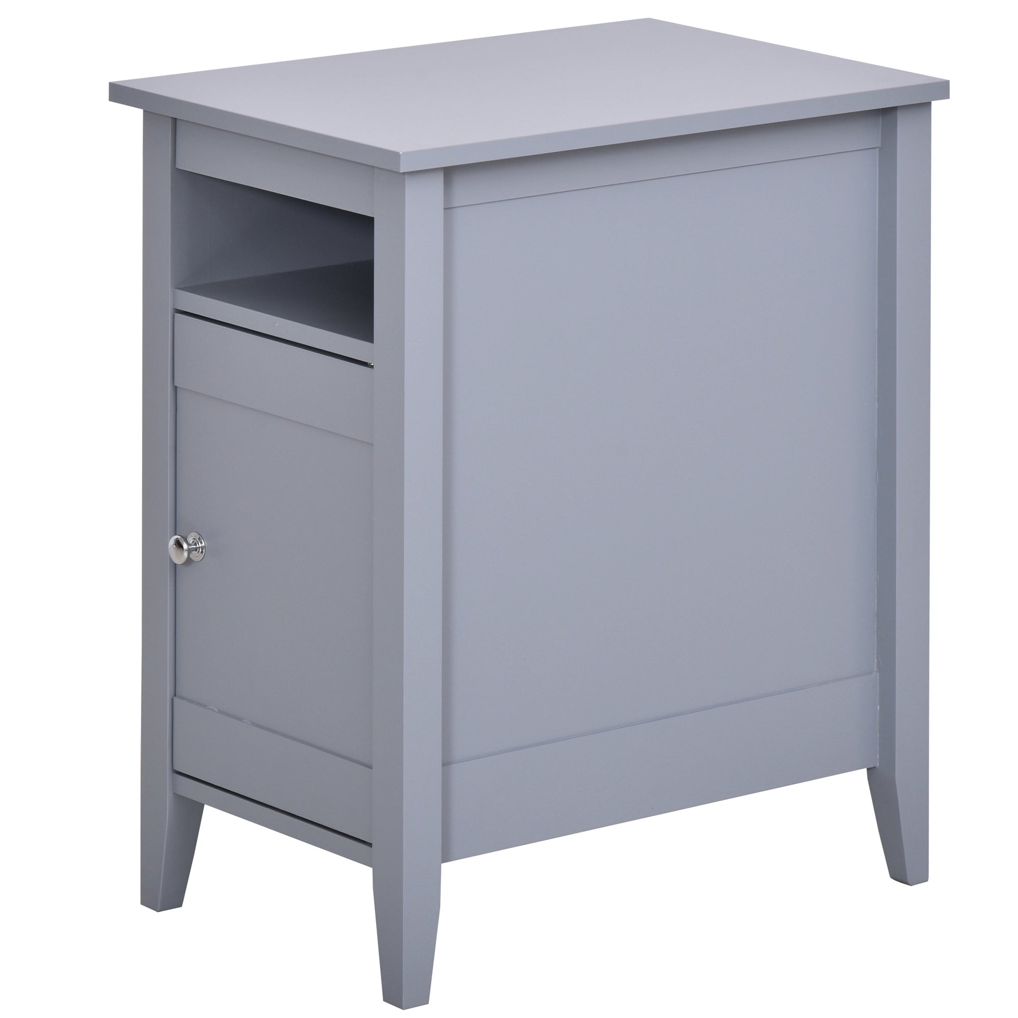 HOMCOM Wooden3-Tier Modern Nightstand with Pullout Shelf, Adjustable Open Shelf, and Door Cabinet, Grey