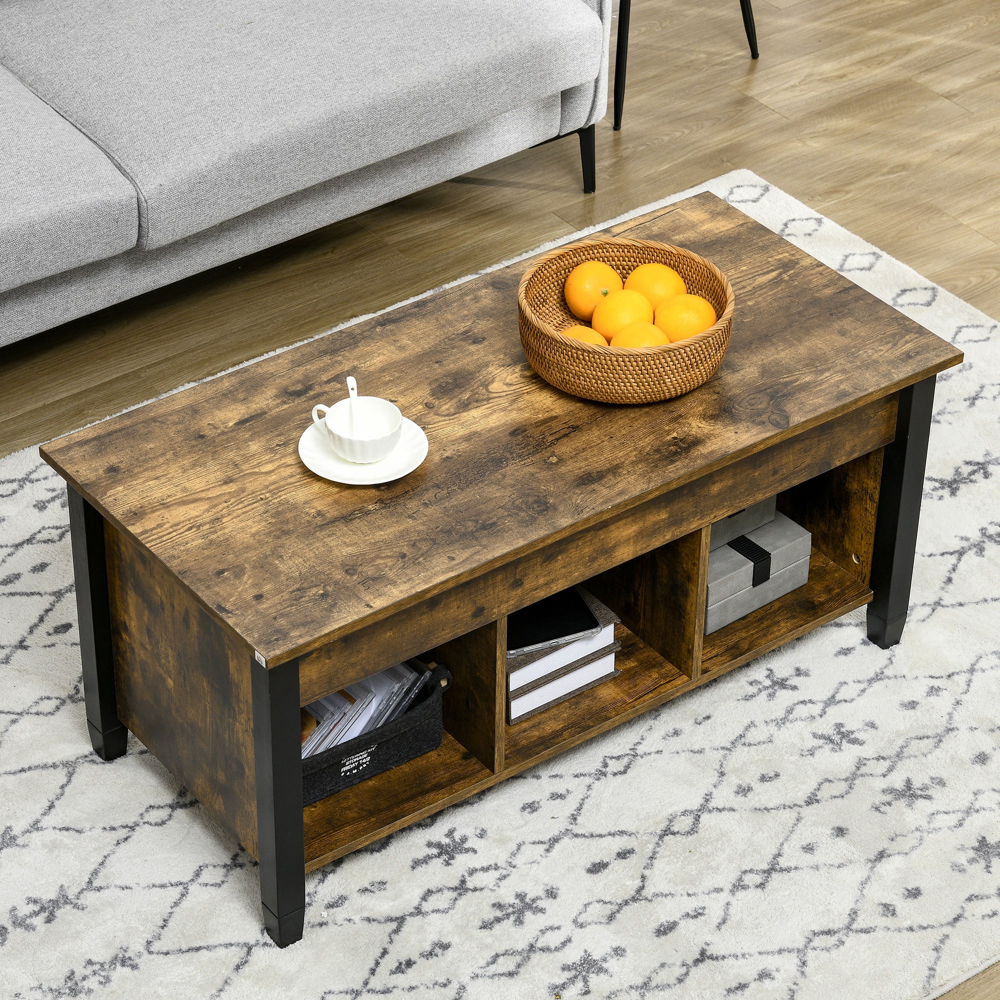 HOMCOM Lift Top Coffee Table with Hidden Storage Compartment and 3 Lower Shelves, Pop-Up Center Table for Living Room, Rustic Brown