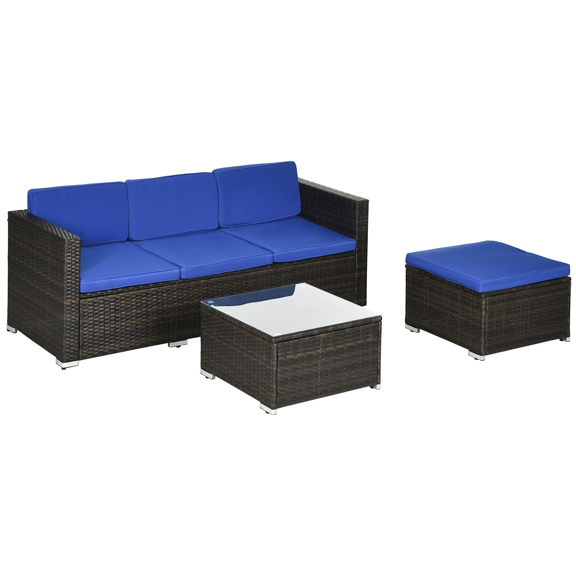 Outsunny 3 Pieces Patio Furniture Set with Cushions, Outdoor PE Rattan Wicker Conversation Corner Sofa Set with Glass Top Table and Adjustable Foot for Garden, Lawn, Blue