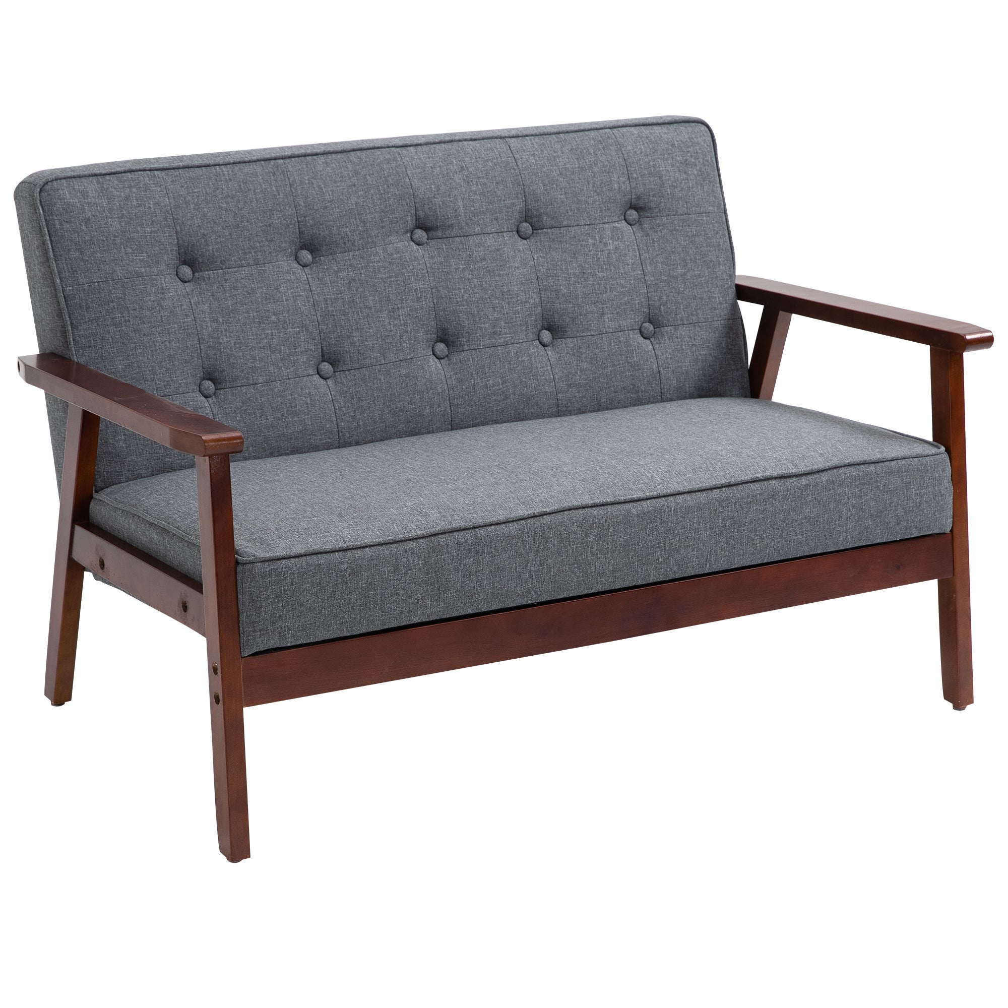 HOMCOM 44.5" 2 Seat Sofa for Bedroom, Modern Upholstered Loveseat with Button Tufted Back and Wood Legs, Grey