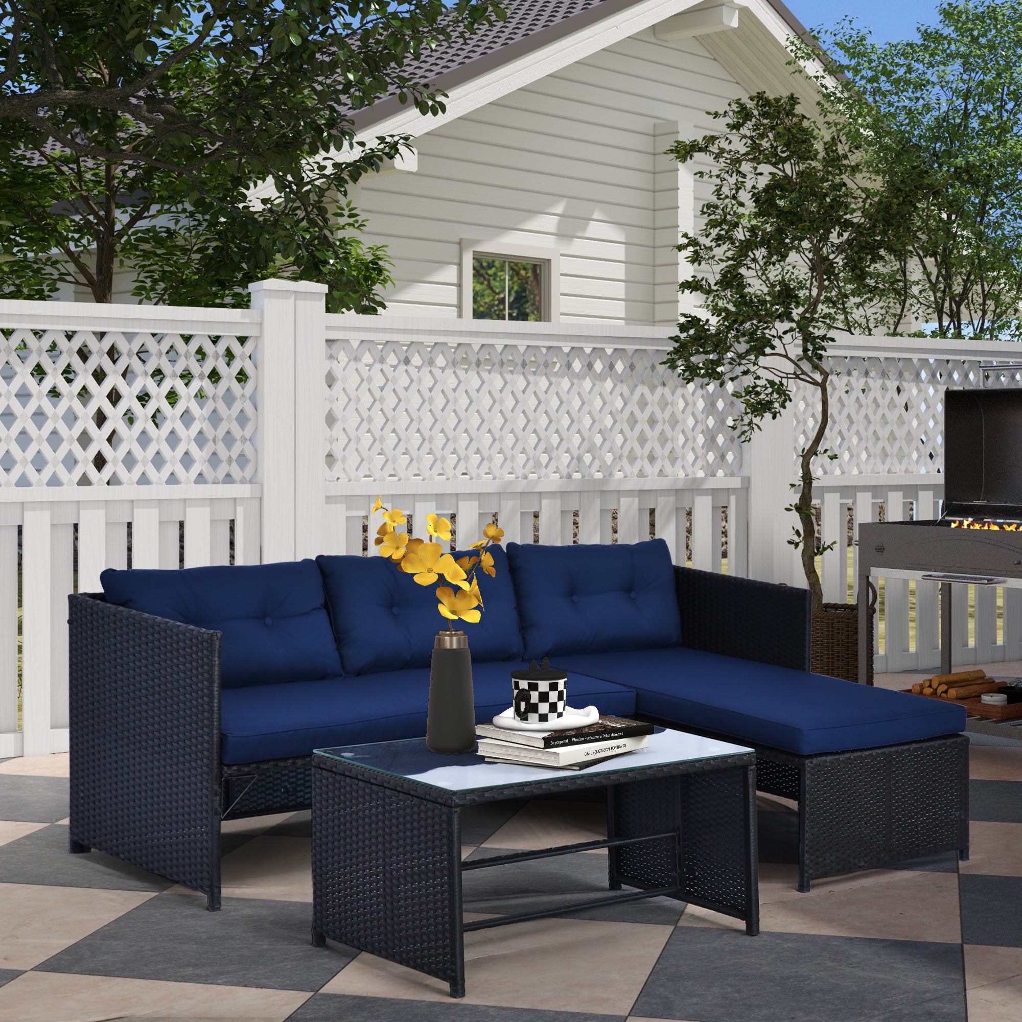 Outsunny 3pcs Outdoor Rattan Wicker Sofa and Chaise Lounge Set with Cushion Garden Patio Furniture Black and Dark Blue