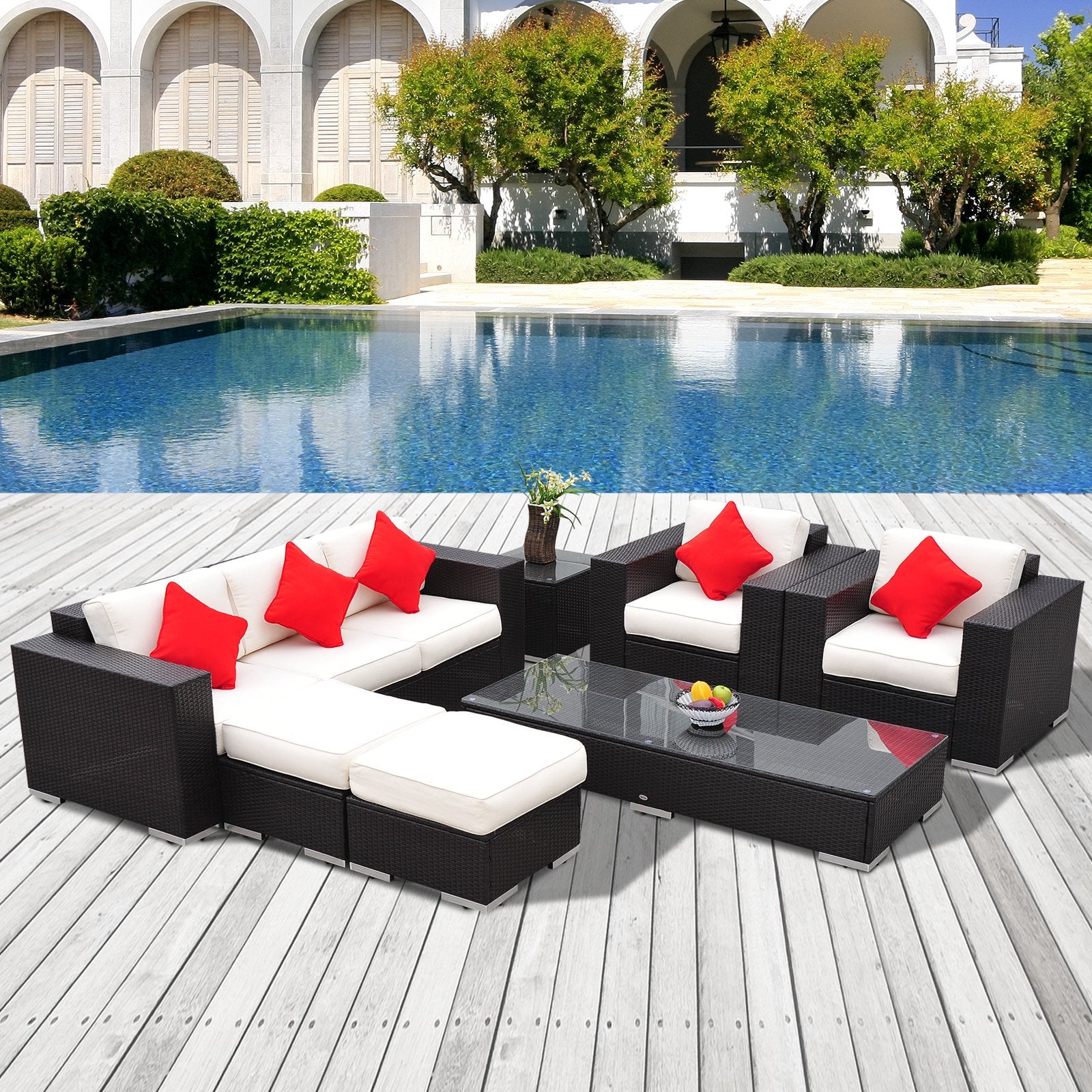 Outsunny 7pcs Rattan Sofa Set Outdoor Wicker Sectional Set Garden Patio Furniture Reclining Seat Ottoman w/ Pillow and Cushion Aluminum Frame