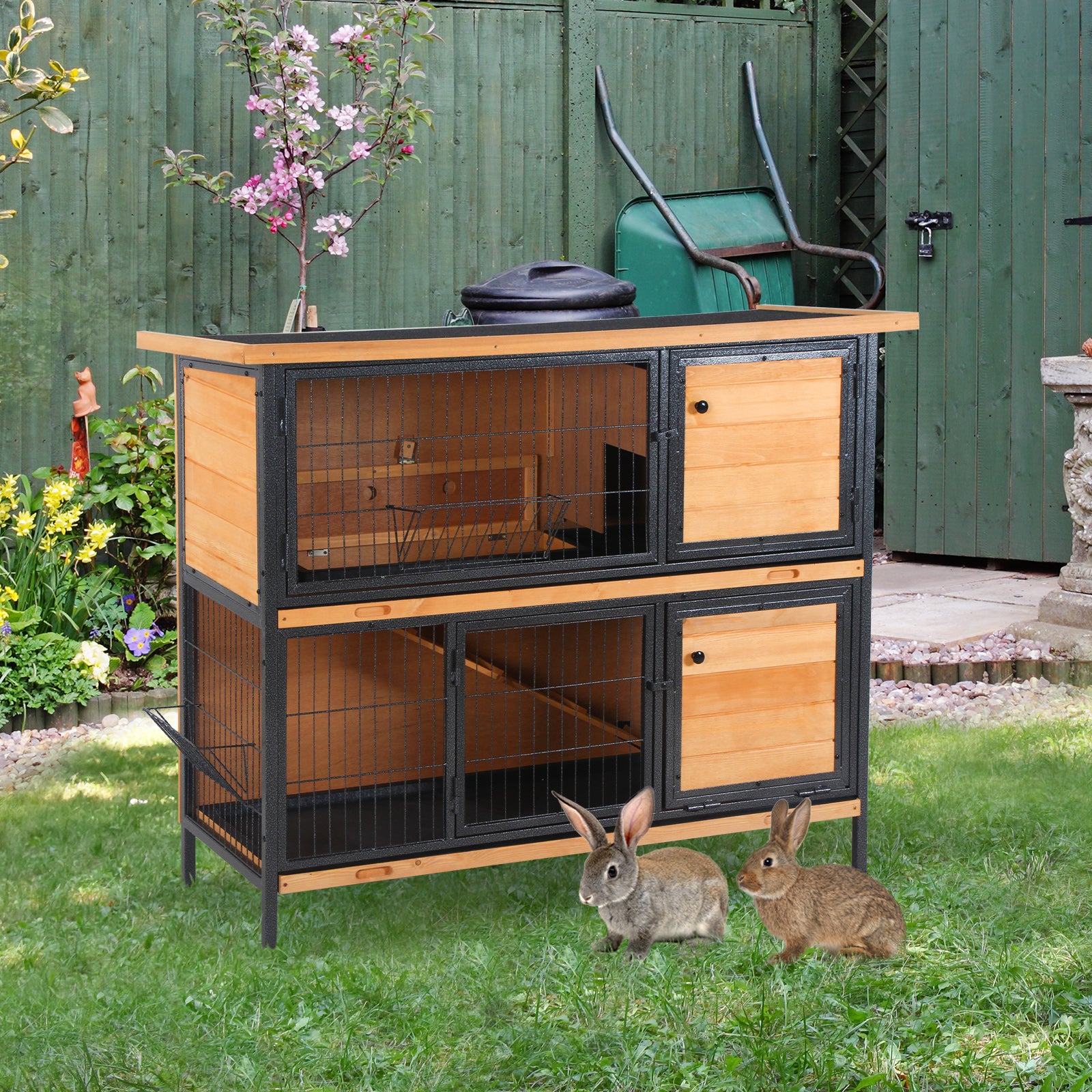 PawHut 48" 2-Floor Large Rabbit Hutch Wooden Pet House Metal Frame Bunny Cage Small Animal Habitat with Ramp Feeding Trough Lockable Doors Run Area Asphalt Roof for Outdoor Use