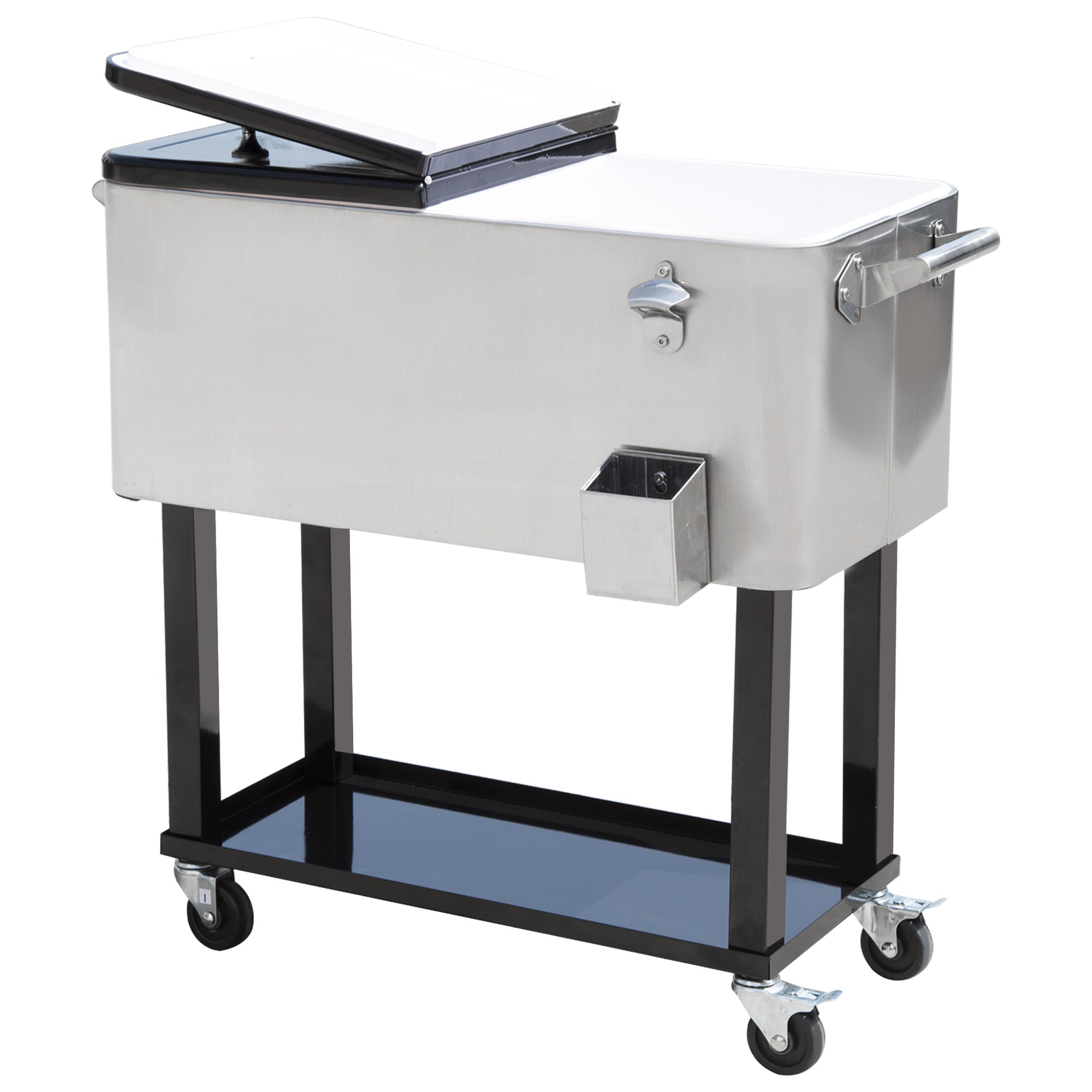 Outsunny 80 Quart Rolling Cooler Cart Portable Patio Ice Beer Beverage Cooling Bin for Outdoor Party w/ Bottle Opener & Storage Shelf Silver