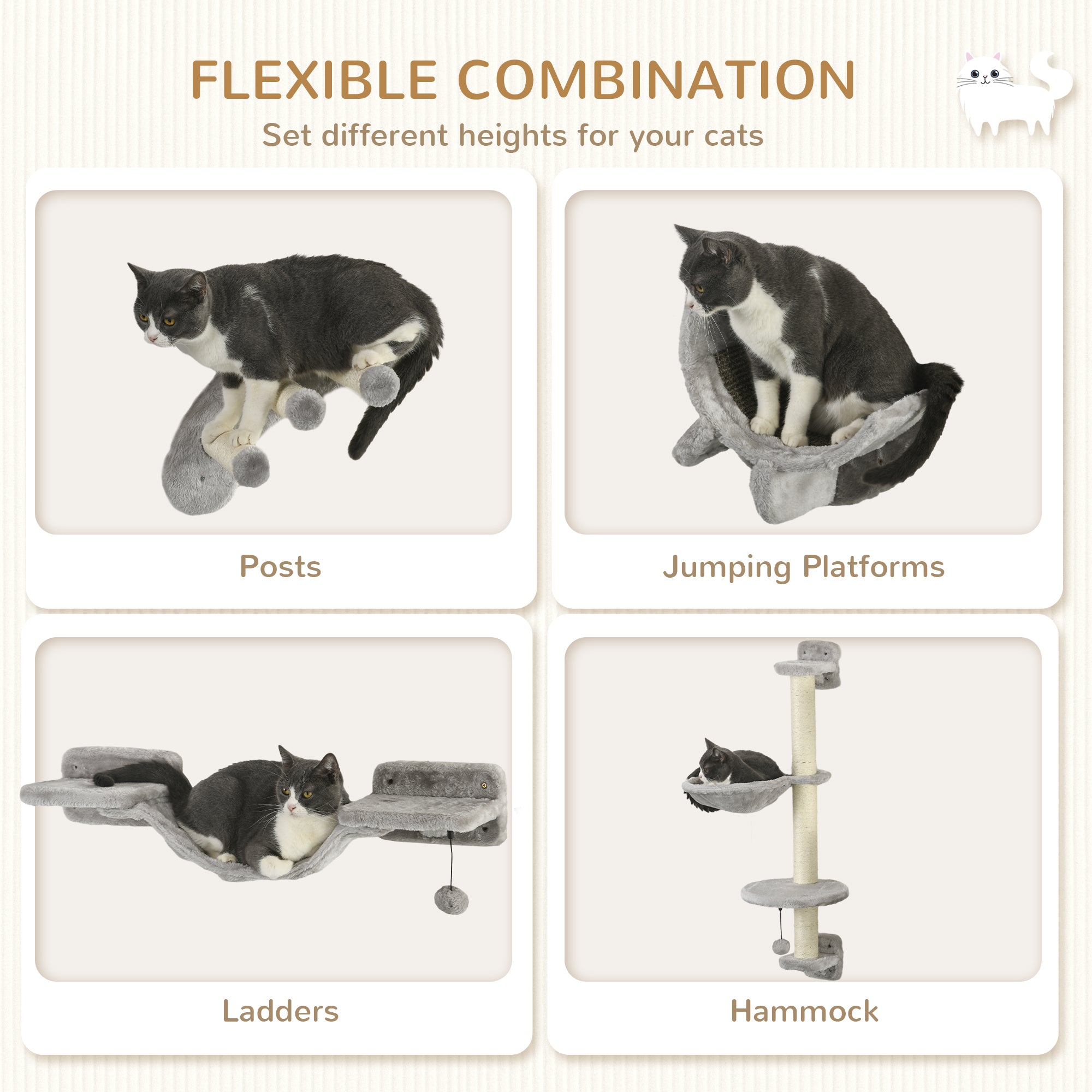 PawHut 4Pcs Cat Wall Shelf with Scratching Post, Cat Wall Shelves for Relaxing, Climbing, Cat Wall With Soft Ladder, Hammock, Play Balls, Grey