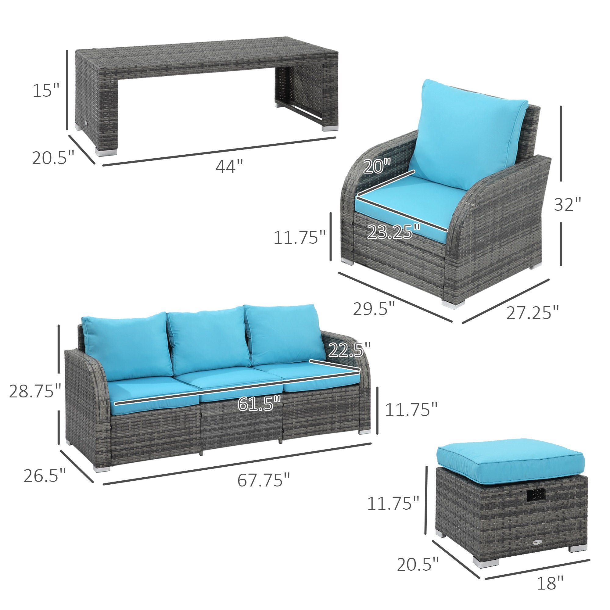 Outsunny 6 Pieces Patio Furniture Set, Conversation Set Wicker Sectional Set Cushioned Outdoor Rattan 3-Seat Sofa, 2 Adjustable Recliners, 2 Footstools & Table Set for Lawn Garden Backyard, Sky Blue