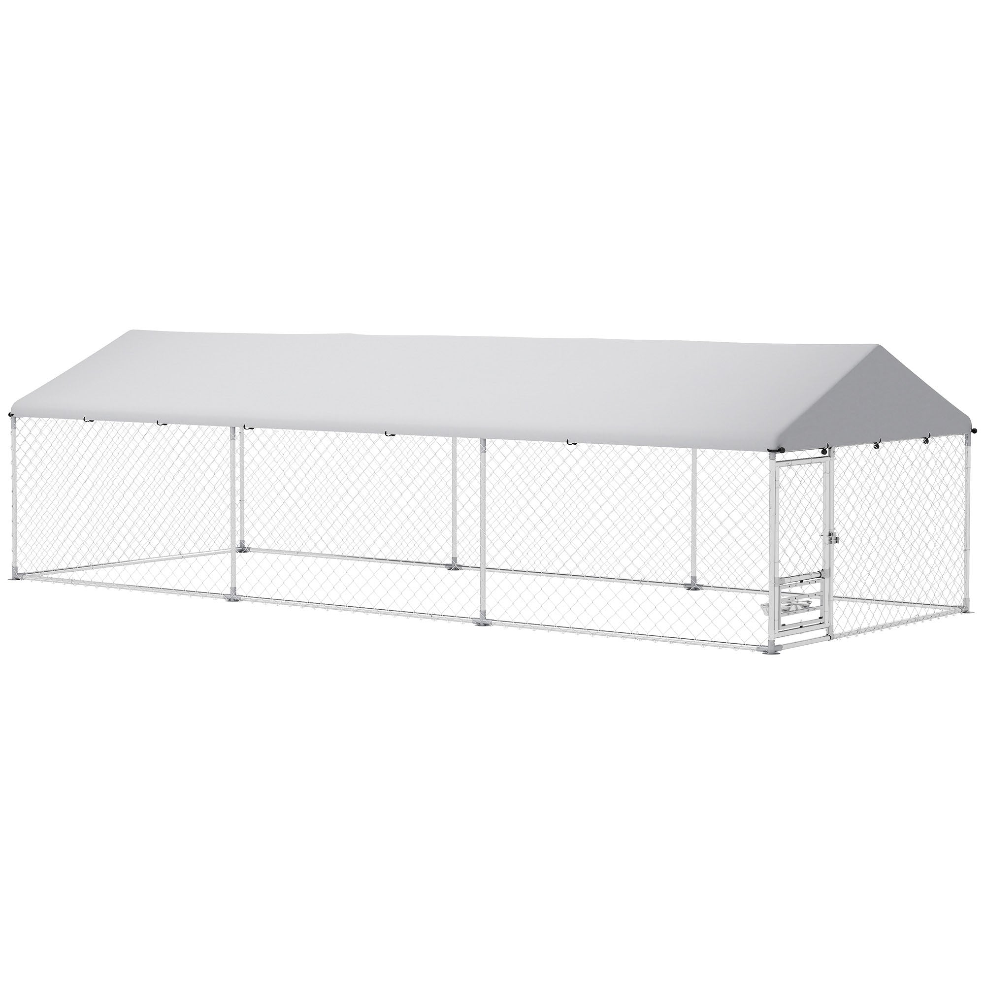 PawHut Outdoor Dog Run w/ Adjustable & Rotating Bowls, Waterproof UV-Resistant Cover, Secure Lock, 19.7' x 7.5' x 5.2'