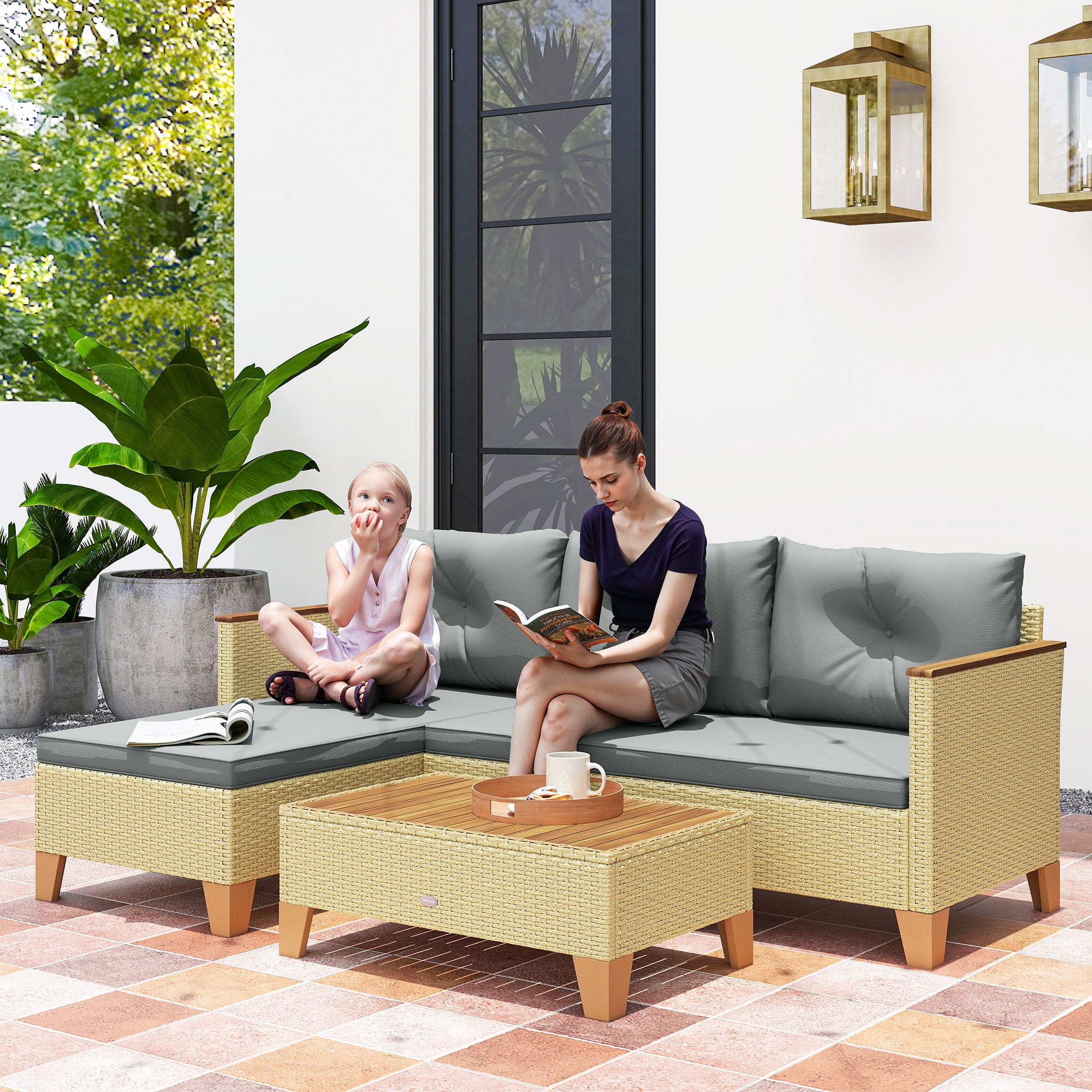 Outsunny 3 Piece Patio Furniture Set, L-Shaped Outdoor Furniture Conversation Set with Wood Top Coffee Table, Light Grey