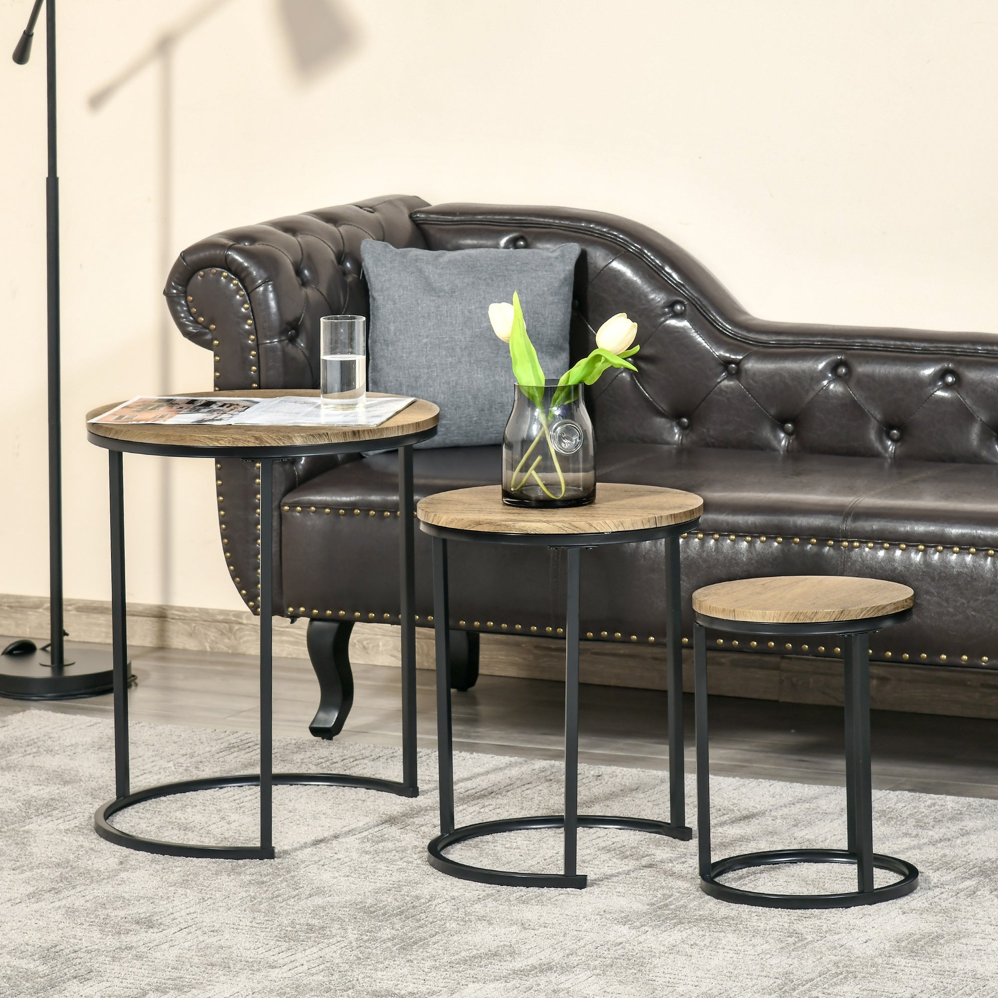 HOMCOM Nesting Tables Set of 3, Round Coffee Table, Stacking Side Tables with Steel Frame for Living Room