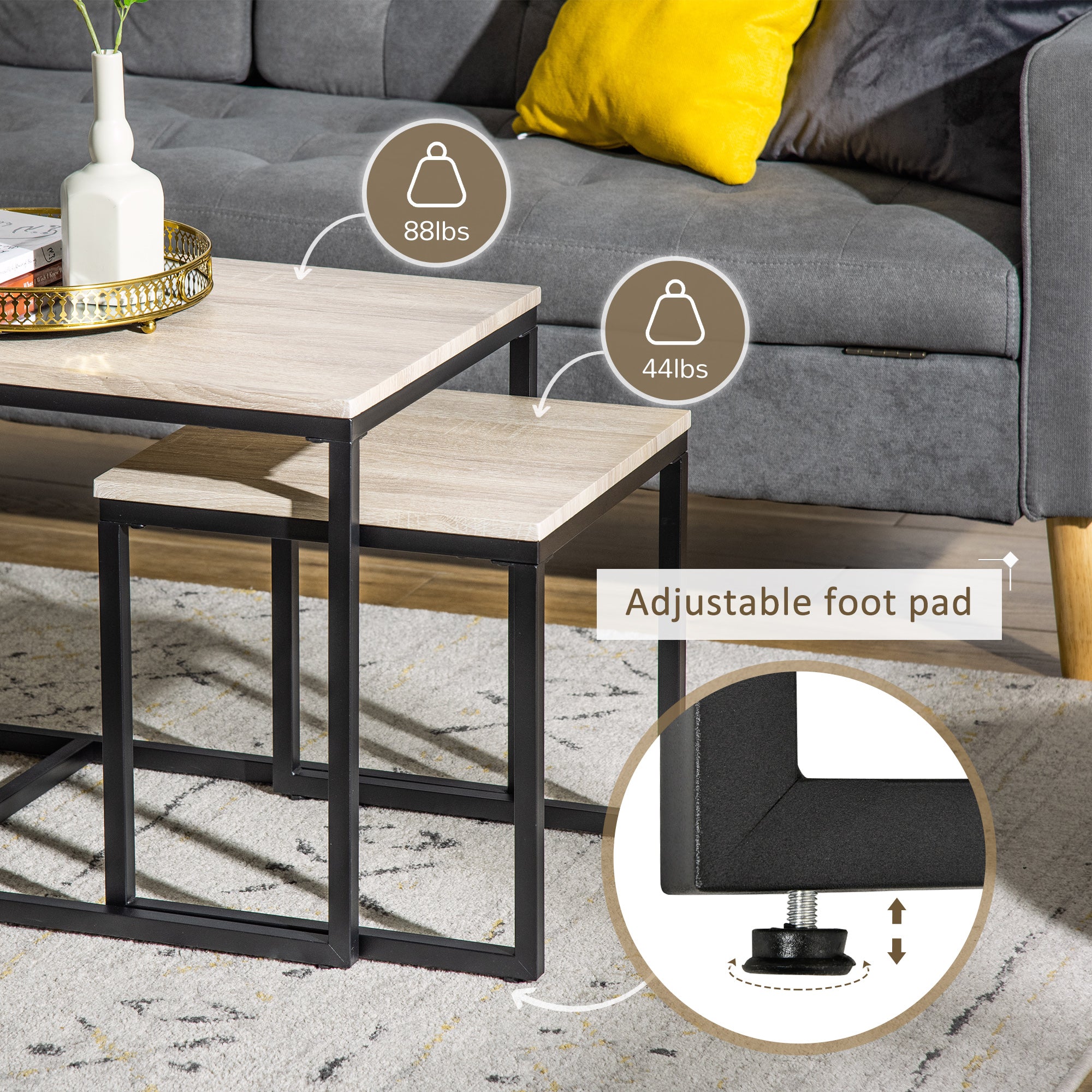HOMCOM Nesting Coffee Table Set of 3, Modern End Tables with Black Metal Frame for Living Room Home Furniture, Natural