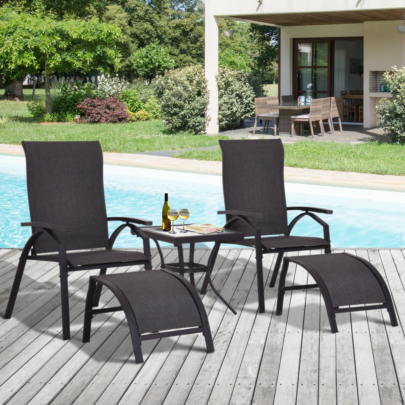 Outsunny 5pcs Outdoor Sling Bistro Set Garden Sun Lounger Chaise Lounge Reclining Chair w/Side Table & Ottoman Balcony Furniture Black