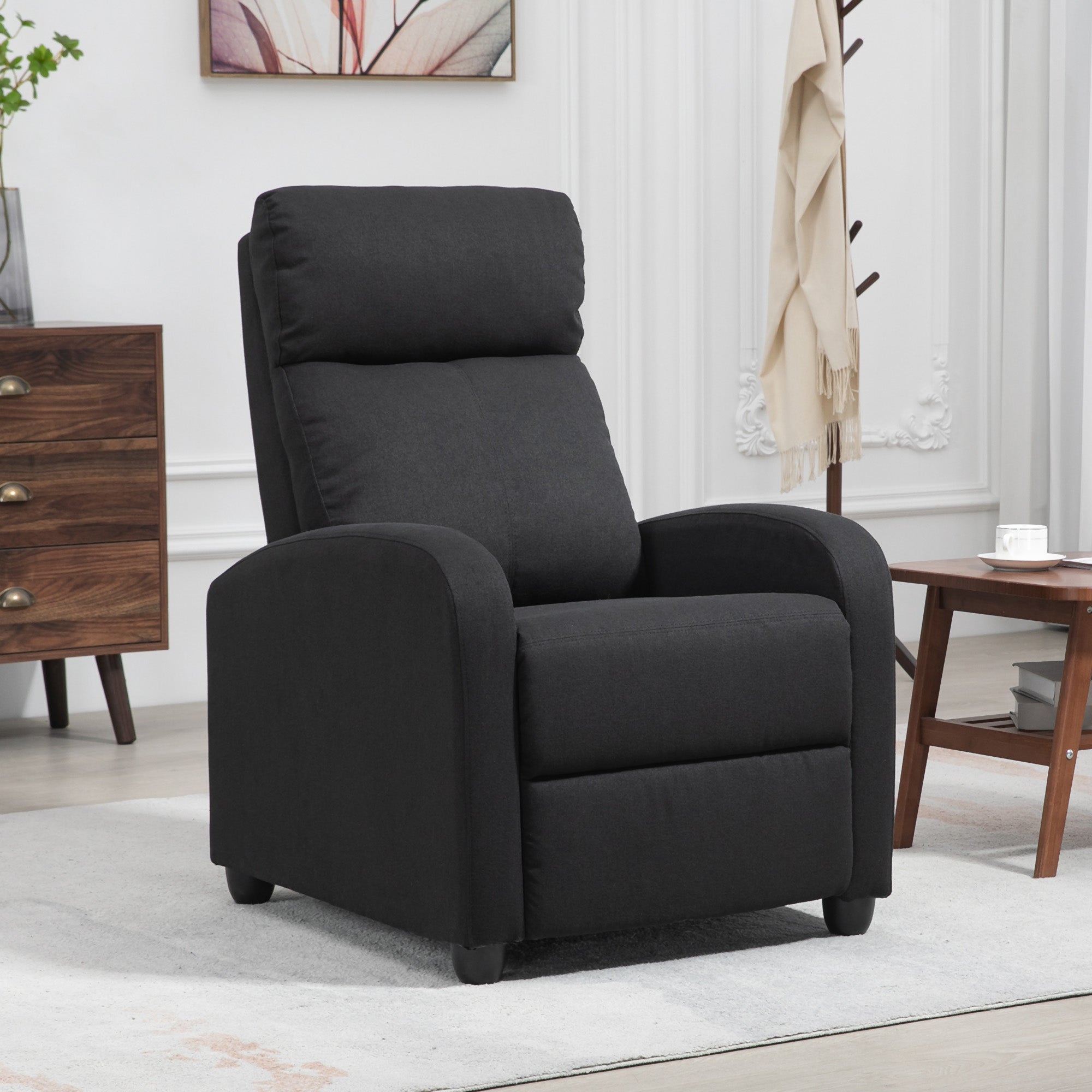 HOMCOM Fabric Recliner Chair, Manual Home Theater Seating, Single Reclining Sofa Chair with Padded Seat for Living Room, Black