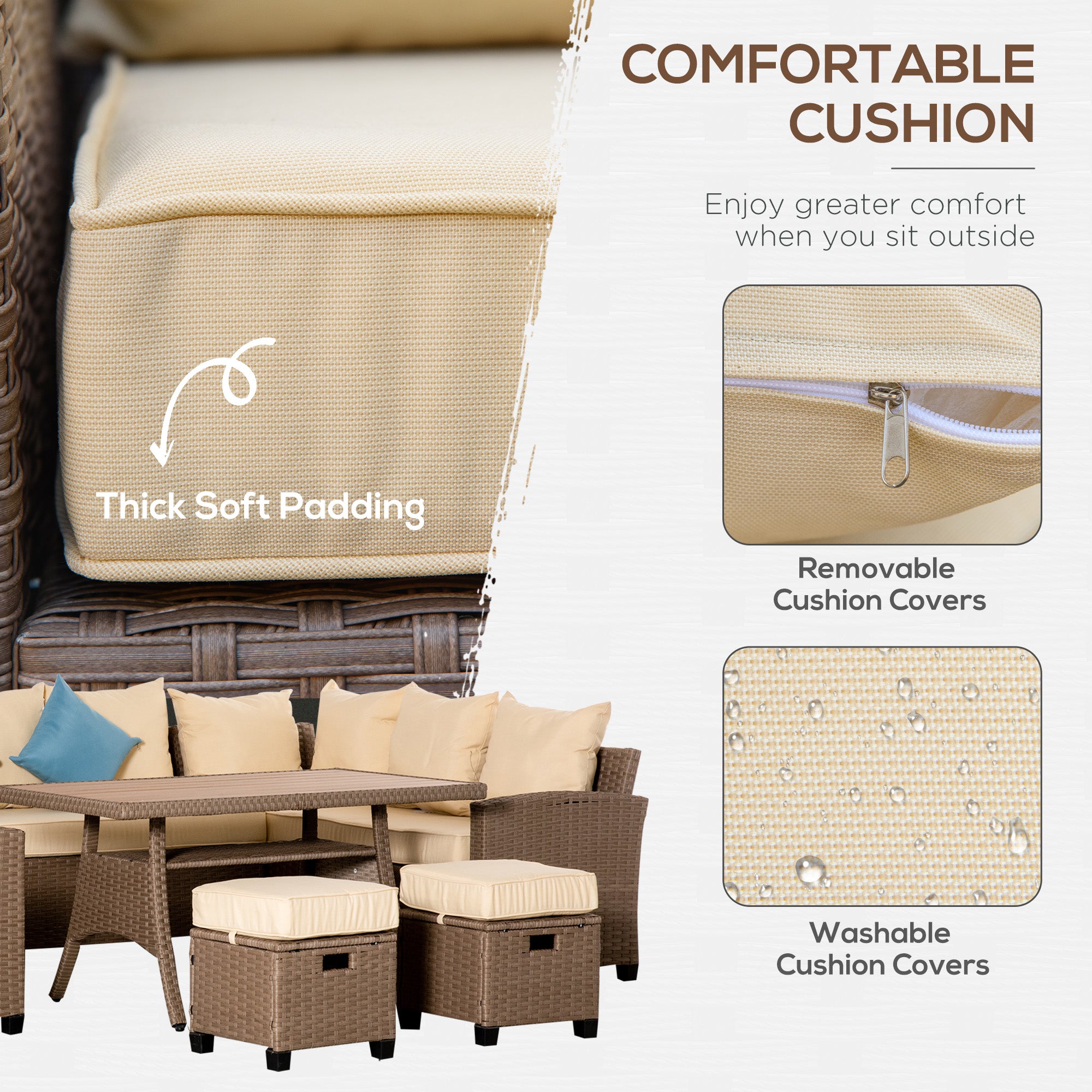 Outsunny 6 Pieces Patio Furniture Set, Outdoor Wicker Sofa Set, All Weather PE Rattan Conversation Furniture, with Strip Wood Grain Plastic Coffee Table & Cushions, Khaki