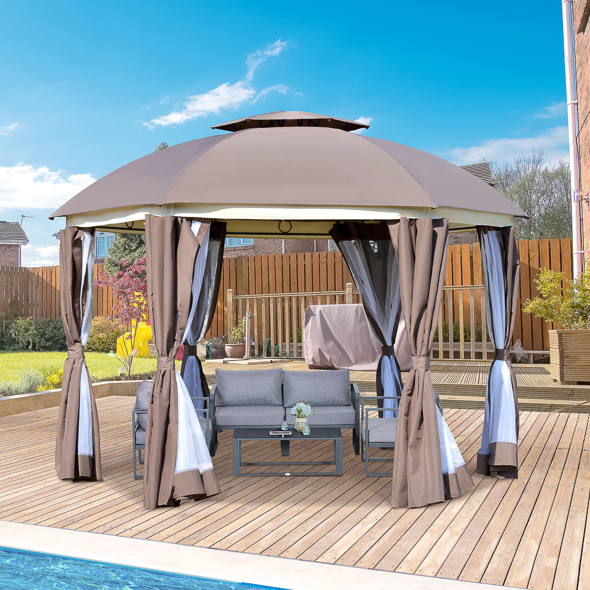 Outsunny 12' x 12' Outdoor Gazebo Canopy, Dome Patio Gazebo Netting Sidewalls and Curtains, Double Vented Roof, Brown