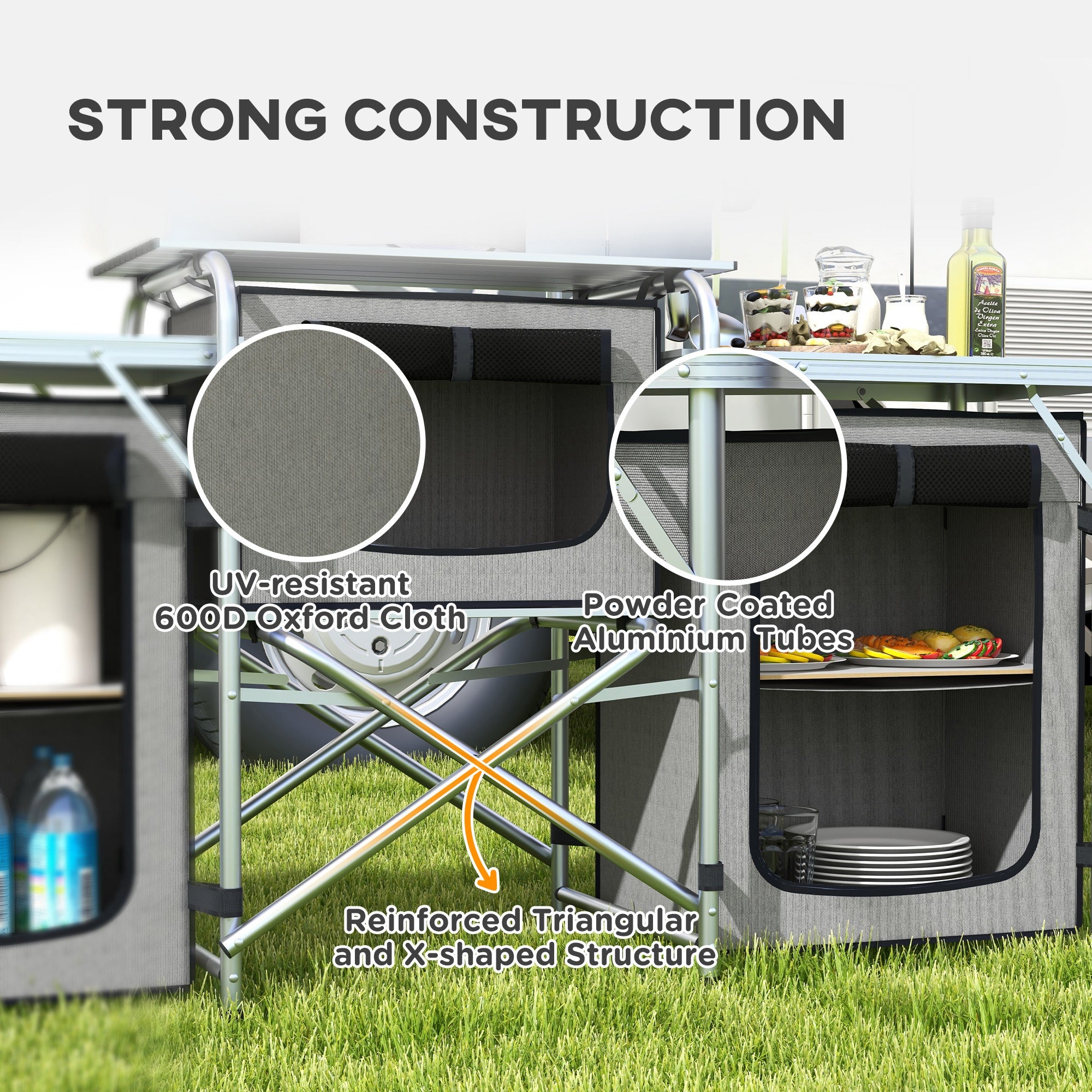 Outsunny Aluminum Camping Kitchen, Portable Folding Camping Table with Fabric Cupboards, Windshield, Bag for BBQ, Picnic, Grey