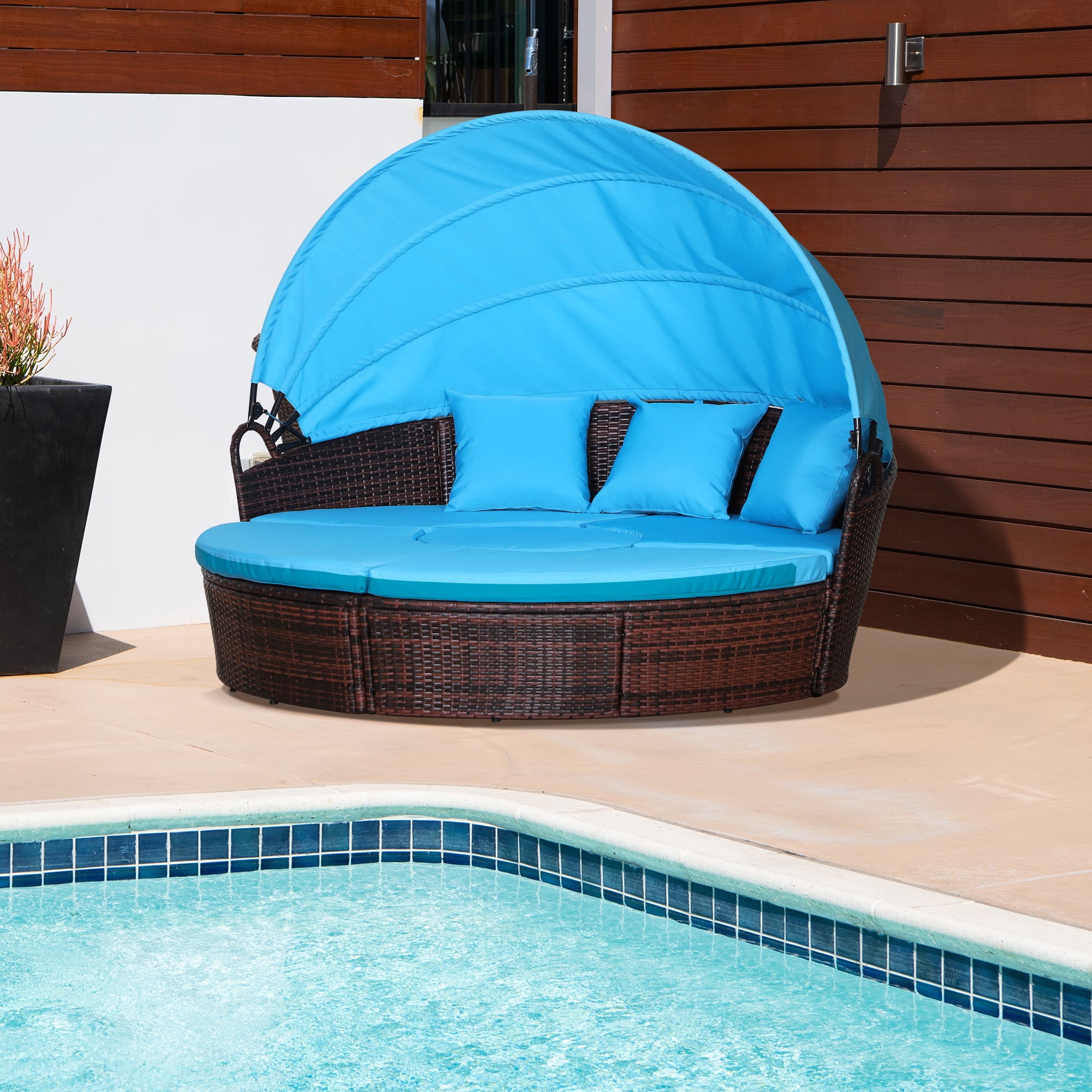 Outsunny 4 Pieces Outdoor Daybed with Retractable Canopy, PE Rattan Wicker Round Sofa Day Bed, Patio Sectional  Conversation Furniture Set with Cushions and Pillows, Light Blue