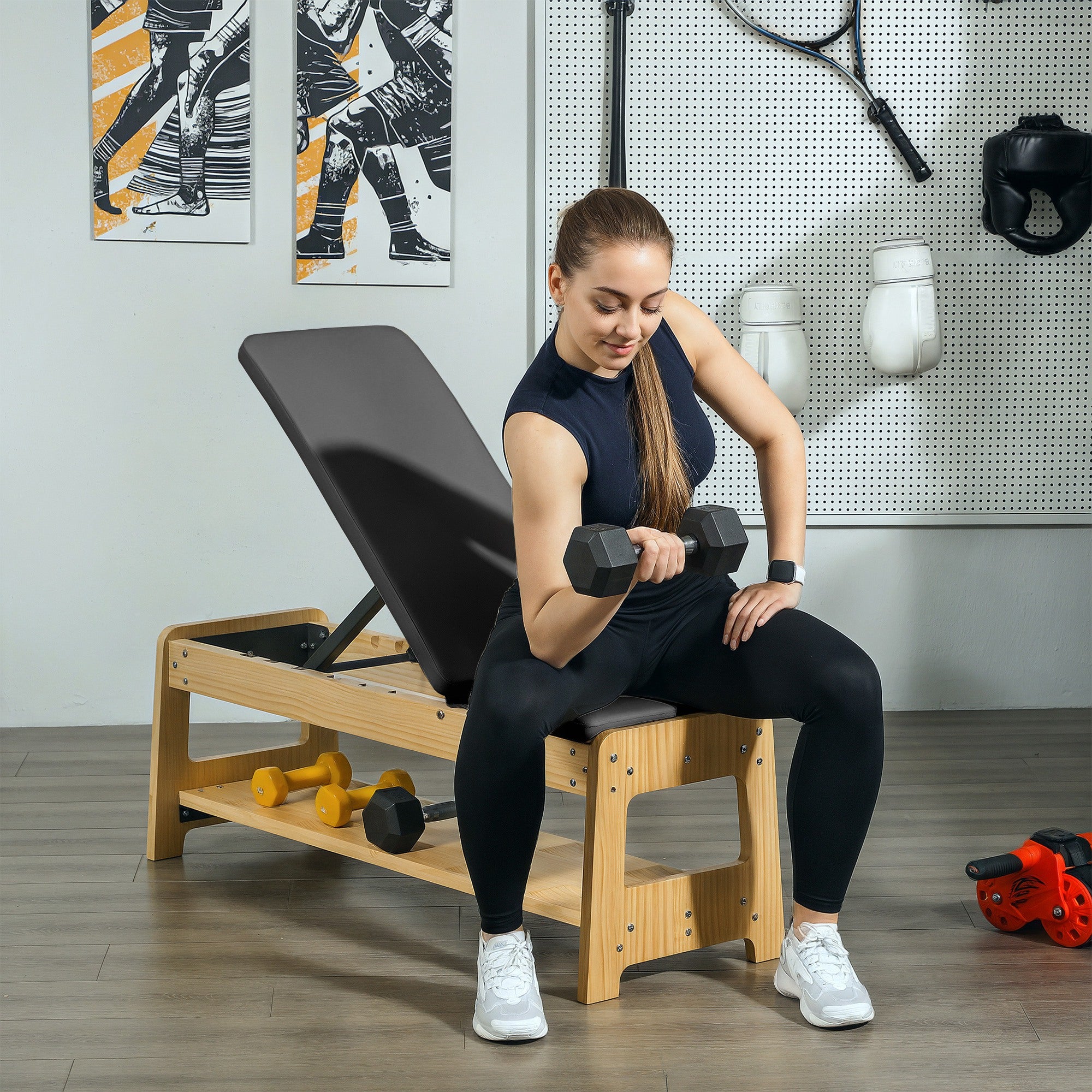 Soozier Wooden Adjustable Weight Bench with Dumbbell Storage Rack, Flat or Incline Workout Bench for Weight Lifting, Black