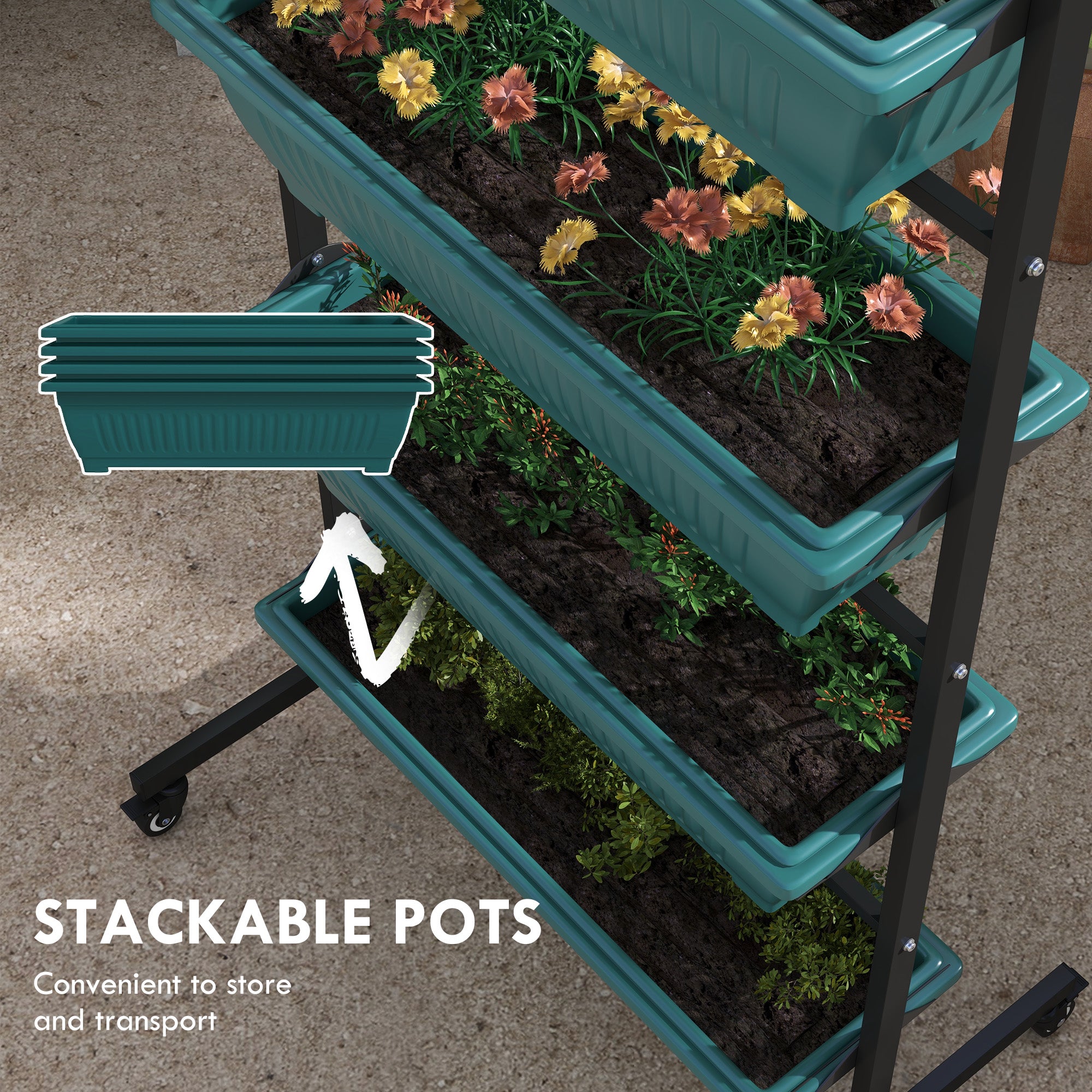 Outsunny 4-Tier Vertical Raised Garden Planter with 4 Boxes, Wheels, Outdoor Plant Stand for Vegetable Flowers, Green