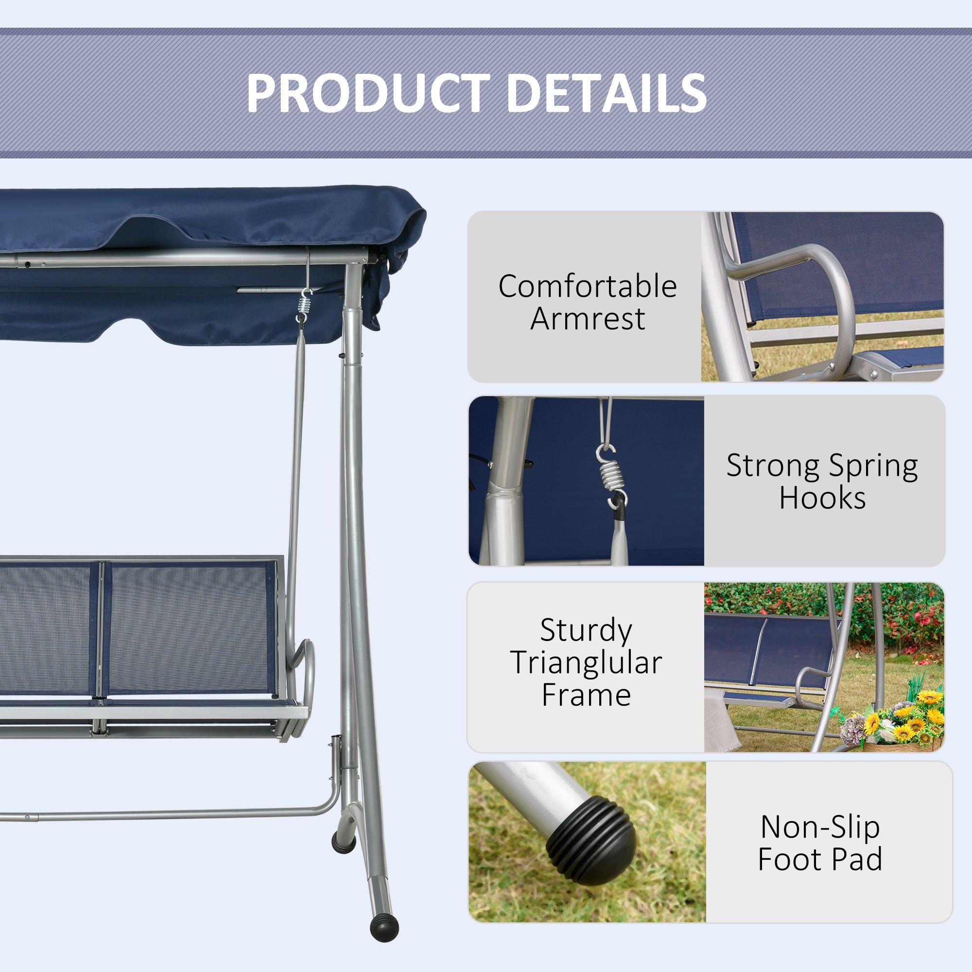 Outsunny 3-Seater Outdoor Swing Chair Bench with Adjustable Canopy, Dark Blue