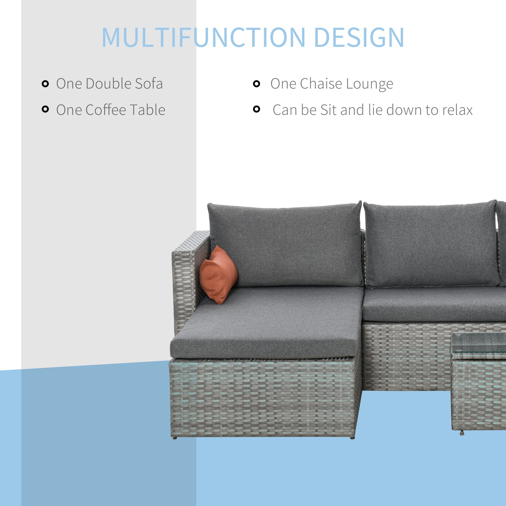 Outsunny 3-Piece Patio Furniture Set Modern Sectional Sofa Rattan Chair Wicker Conversation Set Outdoor Hand Woven Rattan Wicker Furniture Patio Coffee Table Sofa Set, Grey