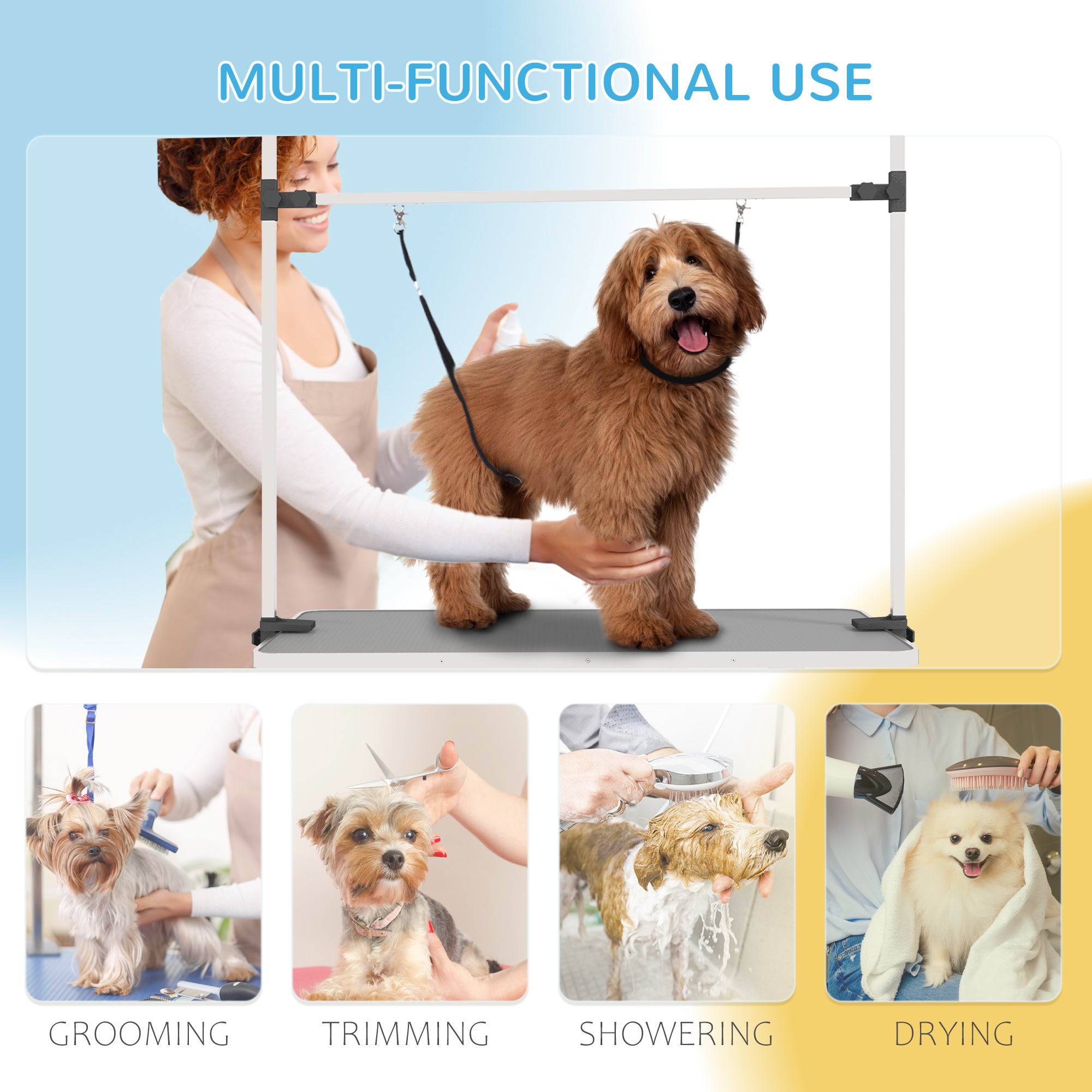 PawHut Adjustable Dog Grooming Table with 2 Safety Slings, Storage Basket, Grey
