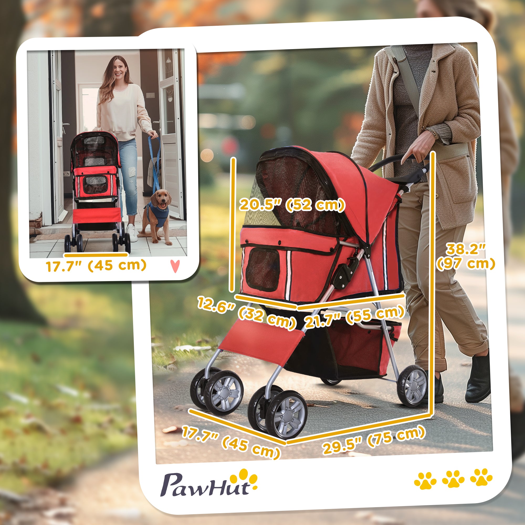 PawHut 4 Wheel Dog Pet Stroller Dog Cat Carrier Folding Sunshade Canopy with Brake, Red