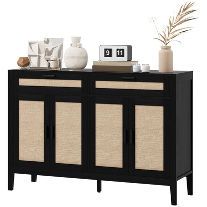 HOMCOM Kitchen Sideboard Cabinet, Boho Buffet Table with Decorative Rattan Doors and Drawers for Dining Room, Black