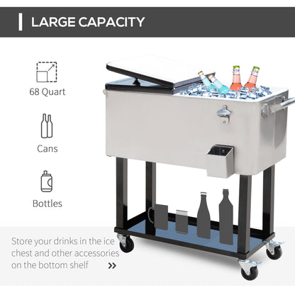 Outsunny 80 Quart Rolling Cooler Cart Portable Patio Ice Beer Beverage Cooling Bin for Outdoor Party w/ Bottle Opener & Storage Shelf Silver