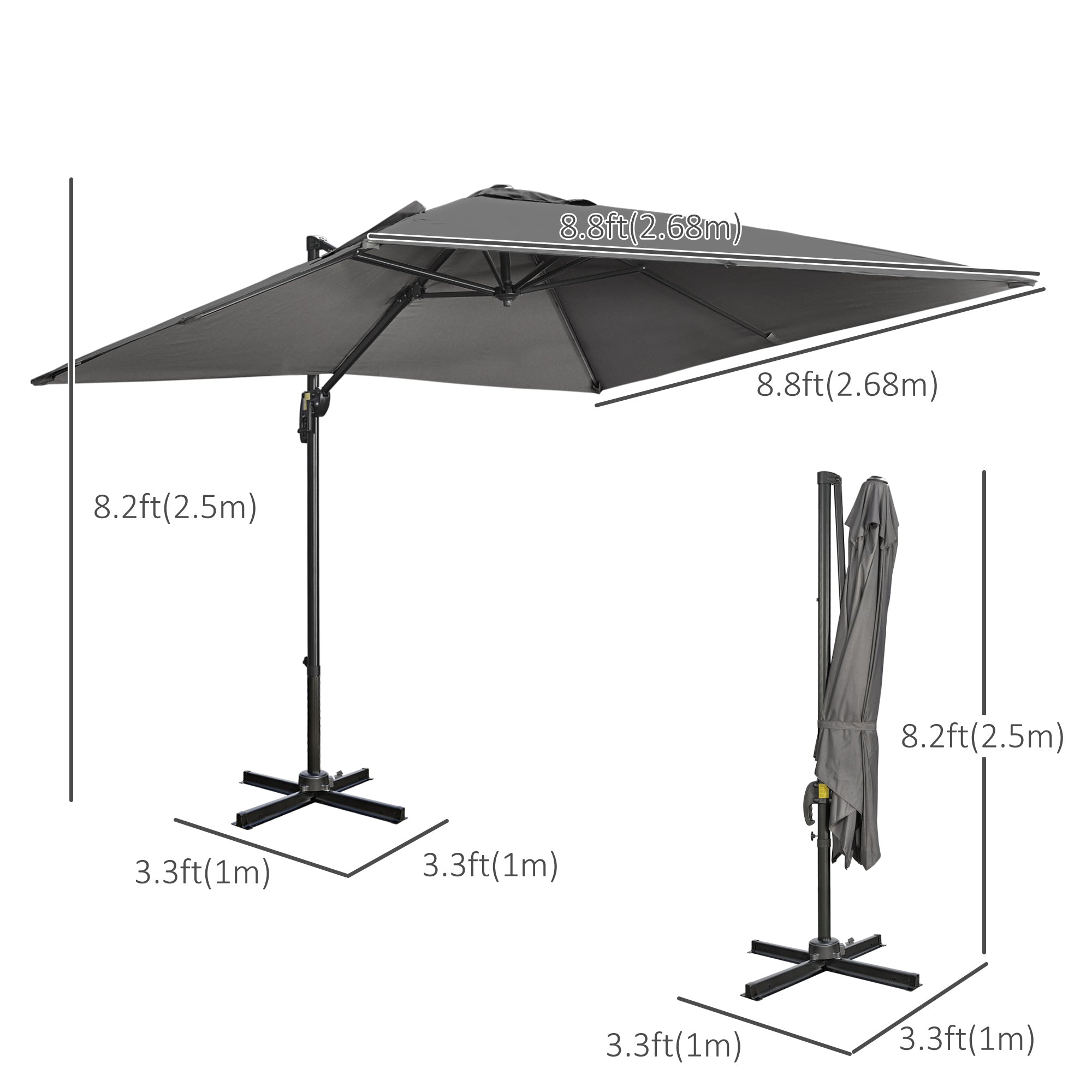 Outsunny 9ft Cantilever Patio Umbrella, Square Overhanging Umbrella with Cross Base, Crank Handle, Tilt, 360° Rotation and Aluminum Frame, Dark Grey