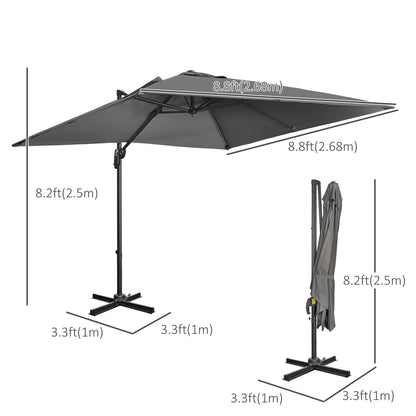Outsunny 9ft Cantilever Patio Umbrella, Square Overhanging Umbrella with Cross Base, Crank Handle, Tilt, 360° Rotation and Aluminum Frame, Dark Grey