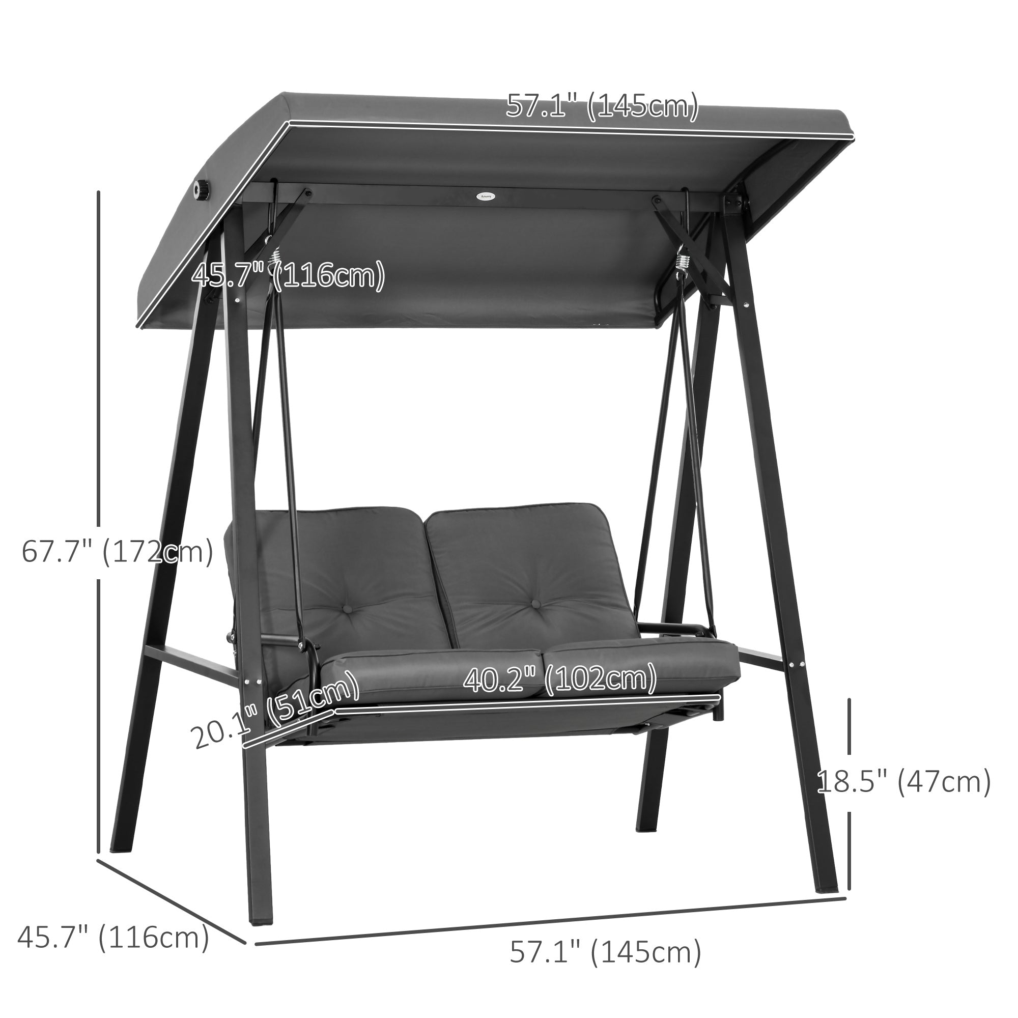 Outsunny 2-Seater Outdoor Porch Swing with Adjustable Canopy, Patio Swing Chair for Garden, Poolside, Backyard, Dark Grey