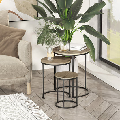 HOMCOM Nesting Tables Set of 3, Round Coffee Table, Stacking Side Tables with Steel Frame for Living Room