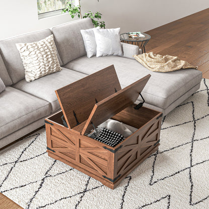 HOMCOM Farmhouse Coffee Table, Square Center Table with Flip-top Lids, Hidden Storage Compartment, Brown