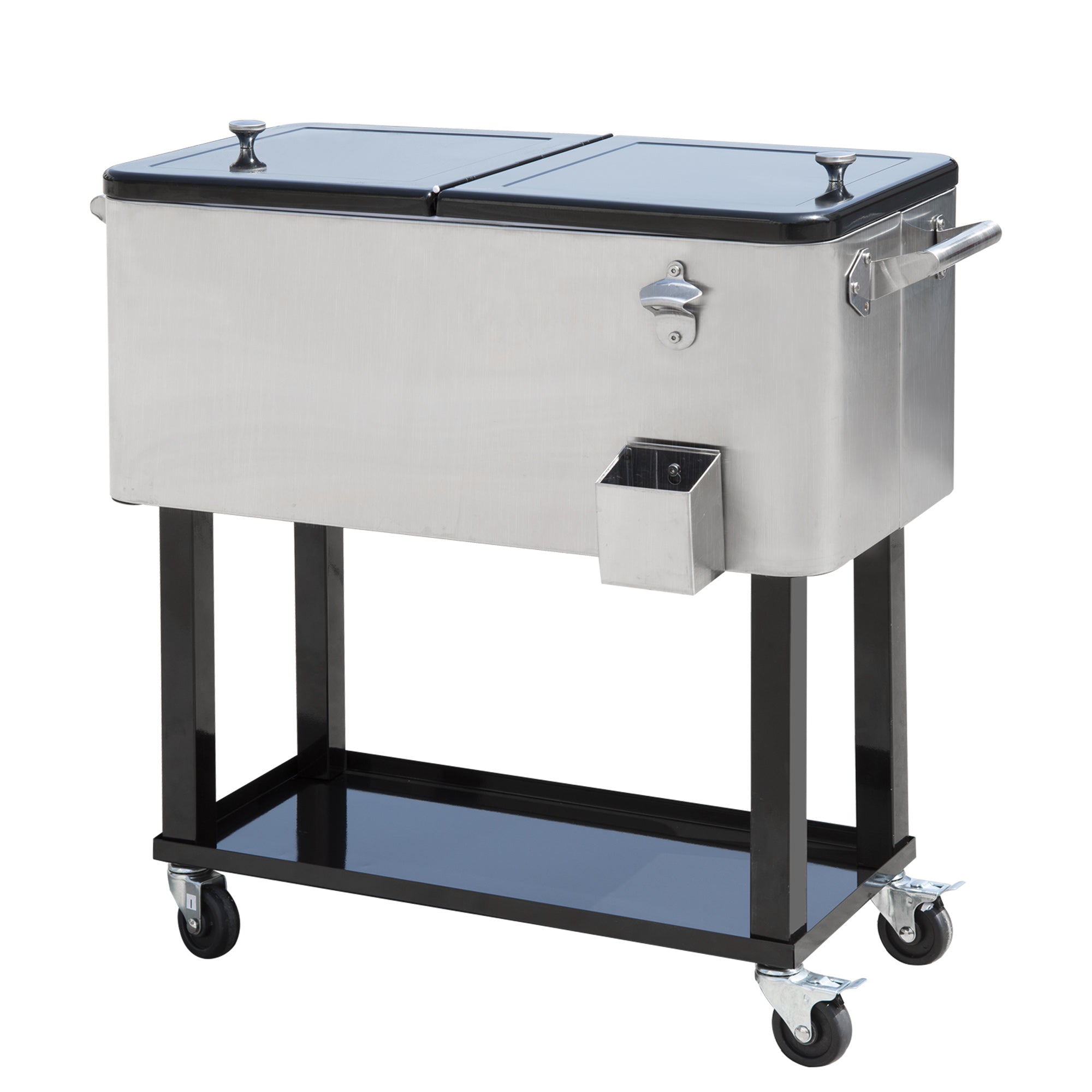 Outsunny 80 Quart Rolling Cooler Cart Portable Patio Ice Beer Beverage Cooling Bin for Outdoor Party w/ Bottle Opener & Storage Shelf Silver