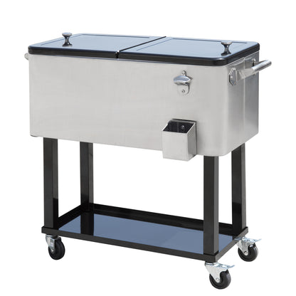 Outsunny 80 Quart Rolling Cooler Cart Portable Patio Ice Beer Beverage Cooling Bin for Outdoor Party w/ Bottle Opener & Storage Shelf Silver