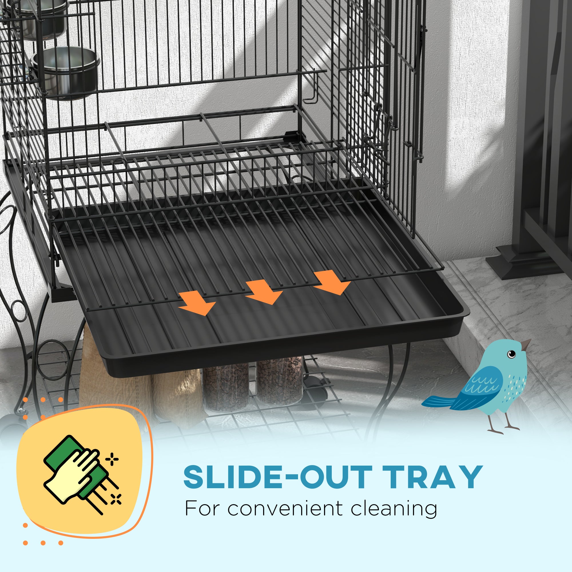 PawHut Play Open Top Bird Cage 60" Parrot Cage for Cockatiel, Sun Conure with Rolling Stand, Removable Tray, Perches, Storage Shelf Black, 20.1" x 20.1"