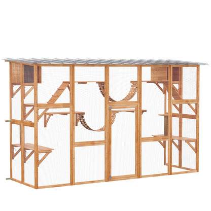 PawHut Large Outdoor Catio with Condos, Platforms, Doors, Ladders, Weather-Resistant Roof, Orange