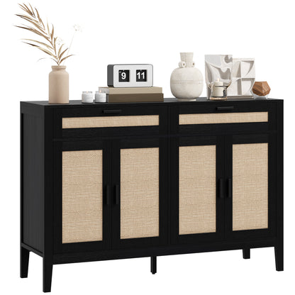 HOMCOM Kitchen Sideboard Cabinet, Boho Buffet Table with Decorative Rattan Doors and Drawers for Dining Room, Black