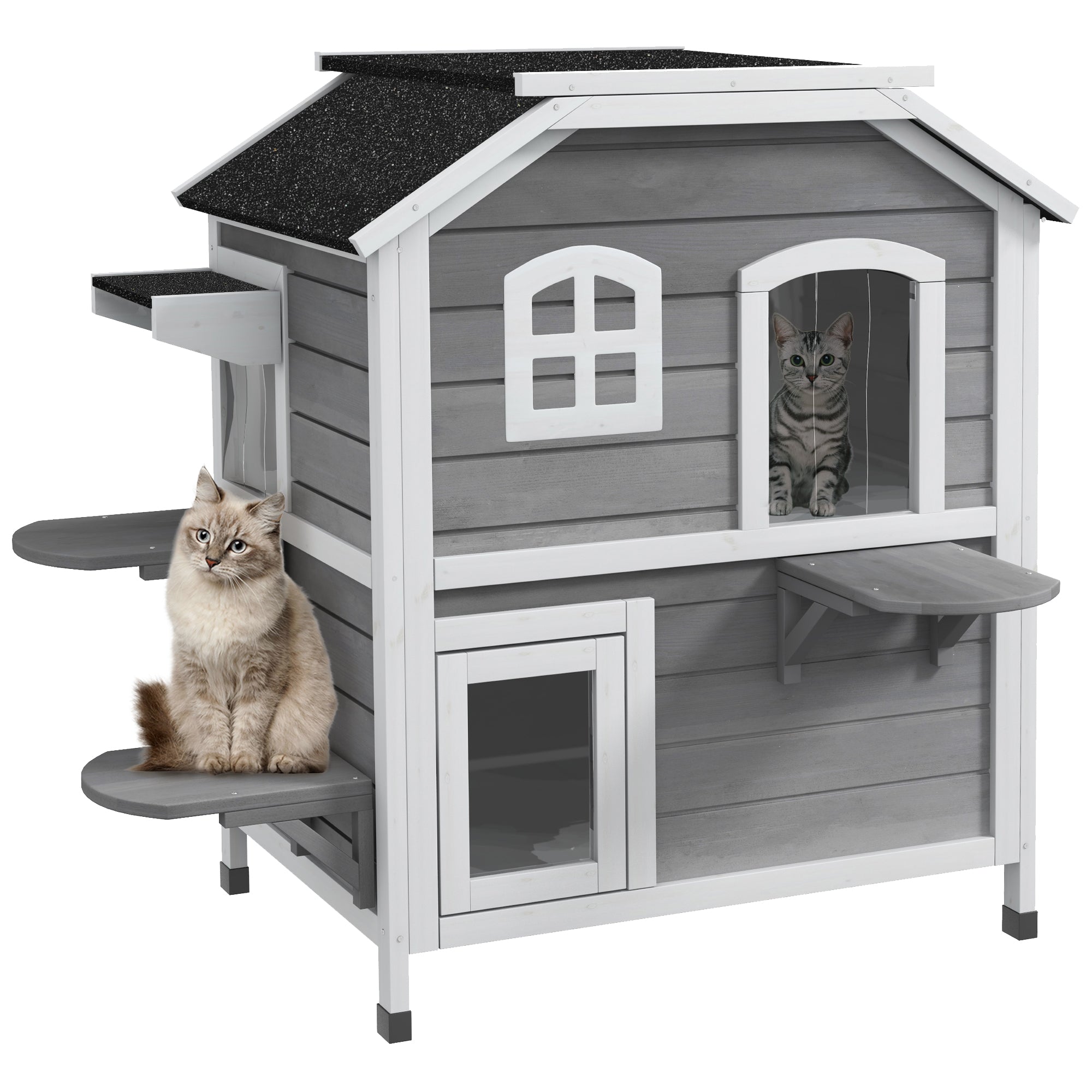 PawHut 2-Storey Outdoor Cat House, Wooden Catio with Openable Roof, Lounge Space, Fun Entrances, for Feral Cats, Grey
