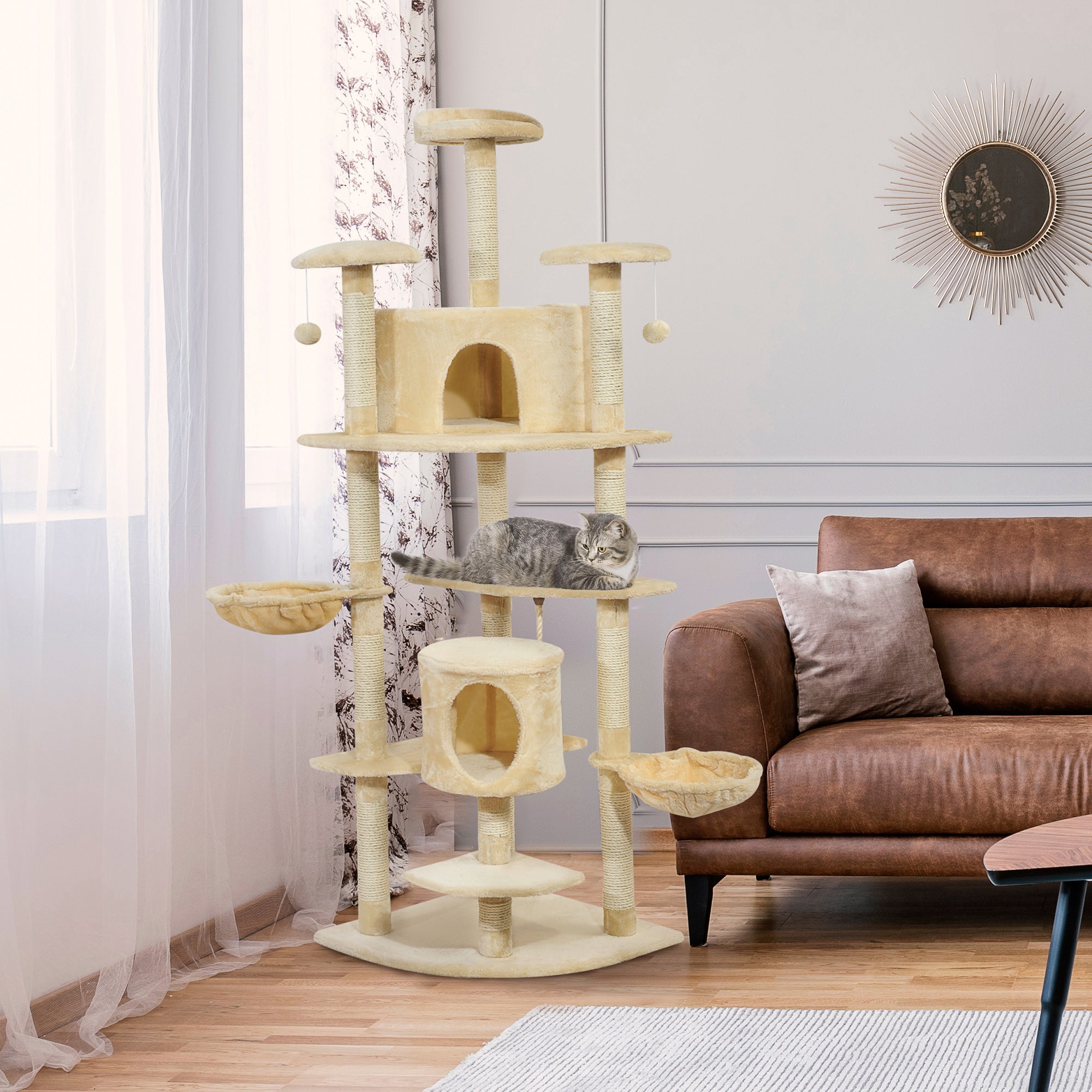PawHut 79" Scratching Kitten Tree Condo Kitten Scratch Activity Center Toys Beige