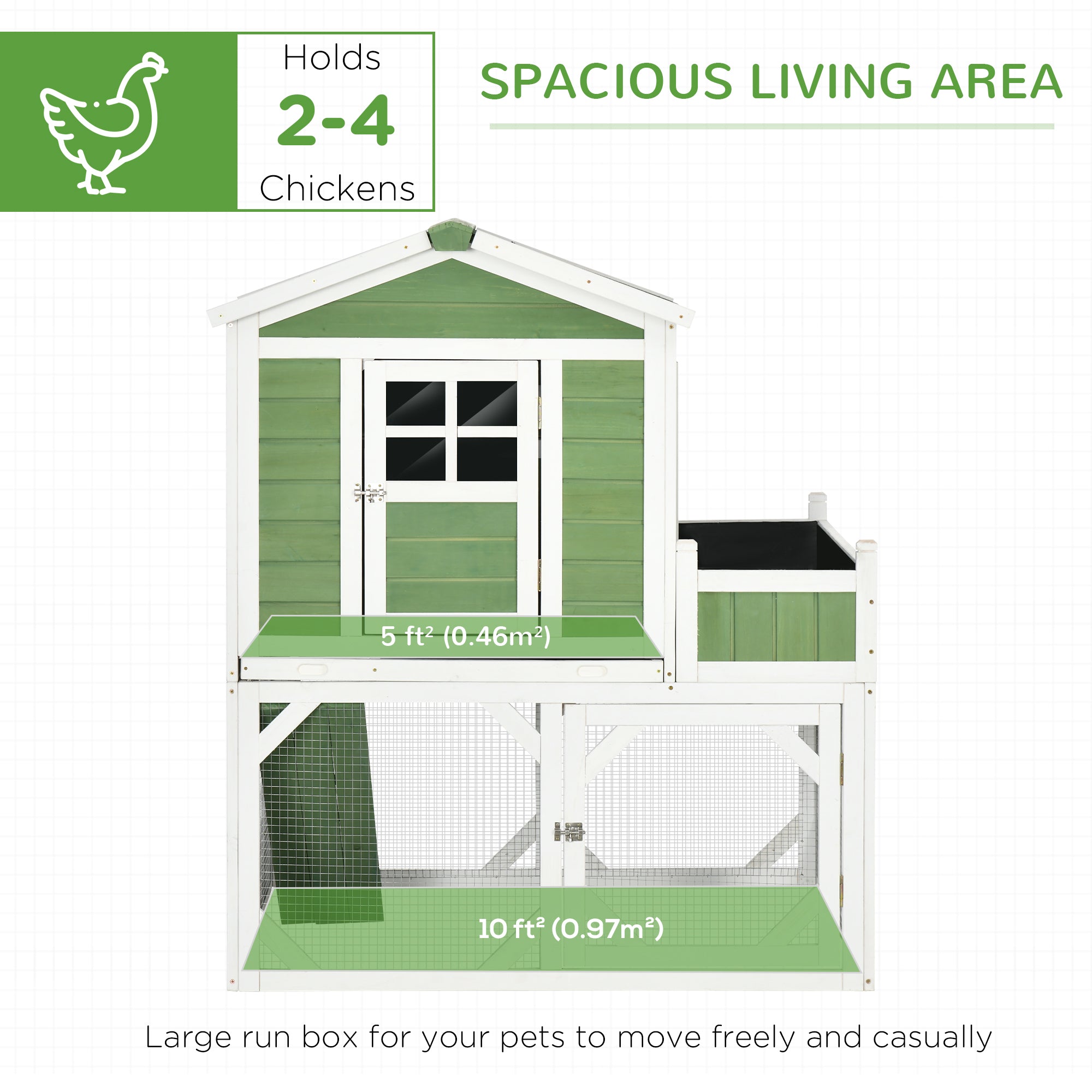 PawHut 42" Wooden Chicken Coop with Garden Space, Run Cage for 2-4 Chickens, Green