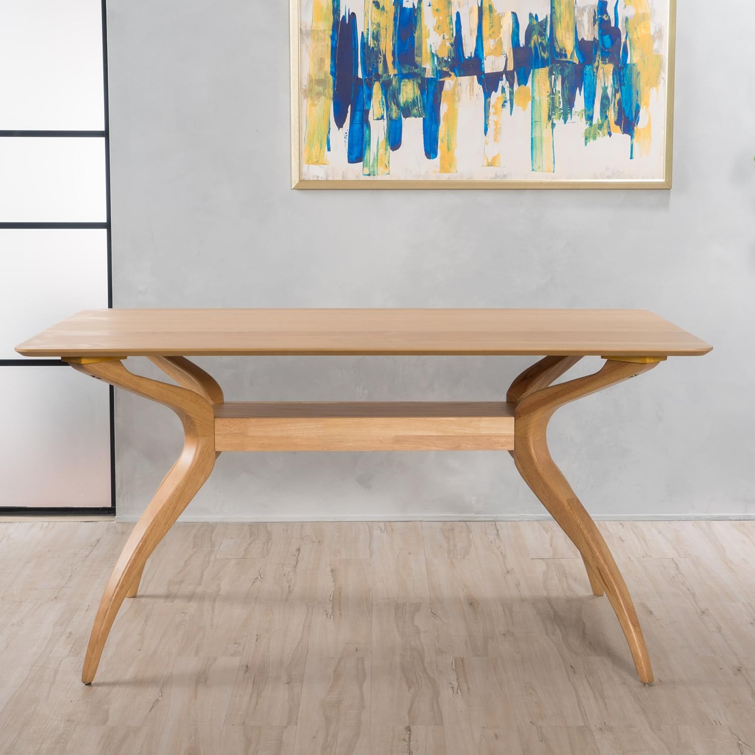 Mid-Century Modern Dining Table with Rubberwood Frame, Spider Leg Design, Ideal for Kitchen, Dining Room, 59" L x 35.5" W x 30.5" H, Natural