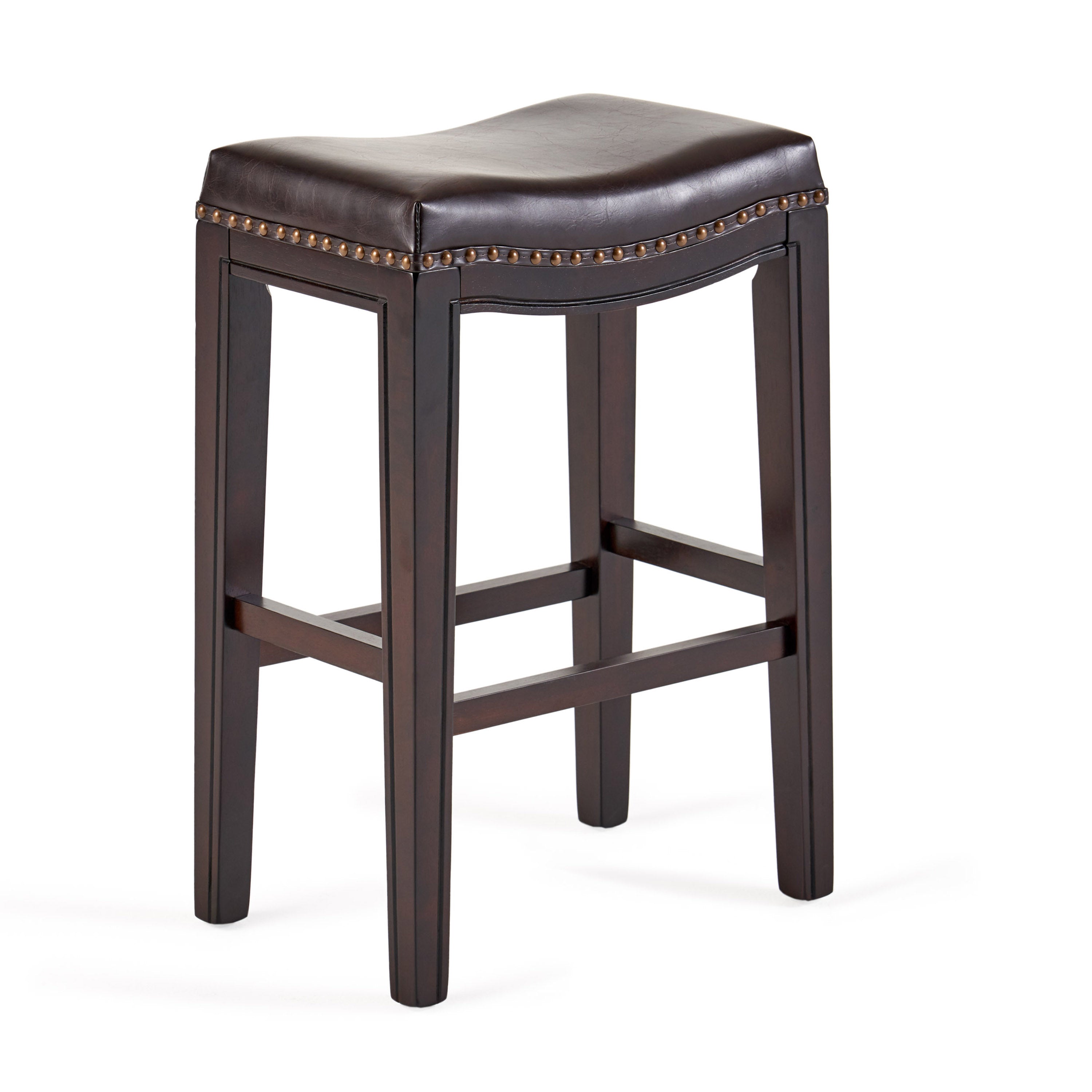 Set of 2 Contemporary Studded Counter Stools with Nailhead Accents Rubberwood Saddle Seat, 18.5" L x 12" W x 26" H, Brown